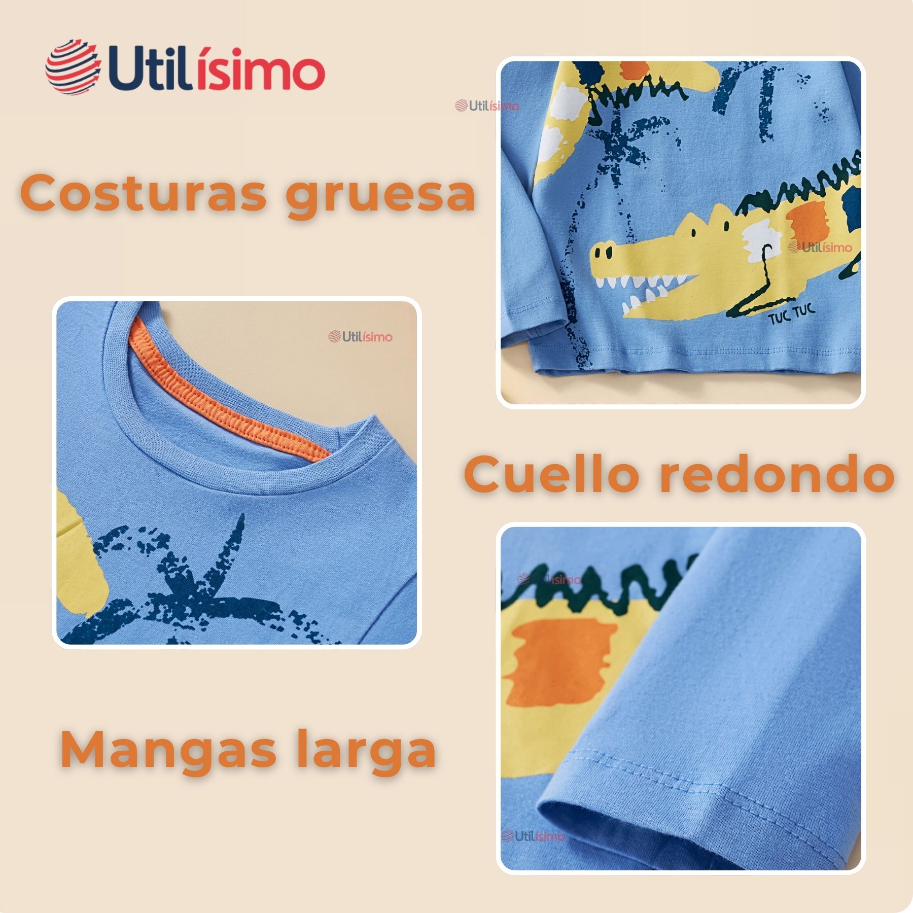 POLERA MANGA LARGA NIÑO 100% ALGODÓN COCODRILO AZUL CAMISETA - 6