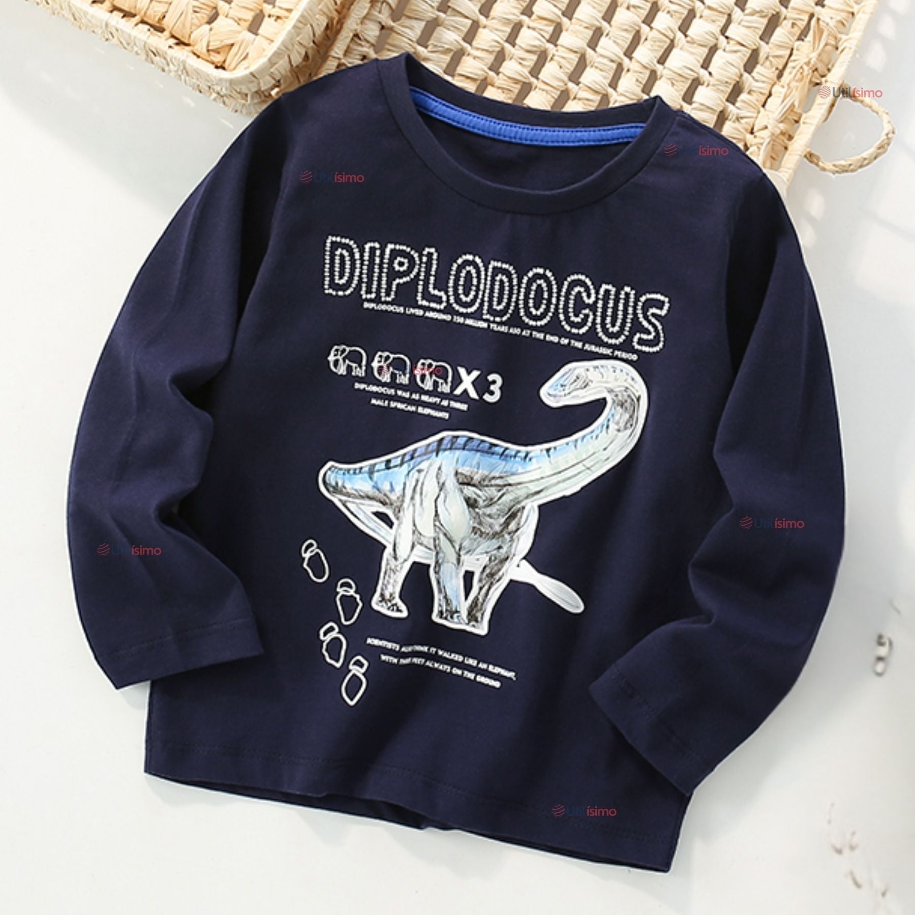POLERA MANGA LARGA NIÑO 100% ALGODÓN DINOSAURIO AZUL CAMISETA - 1