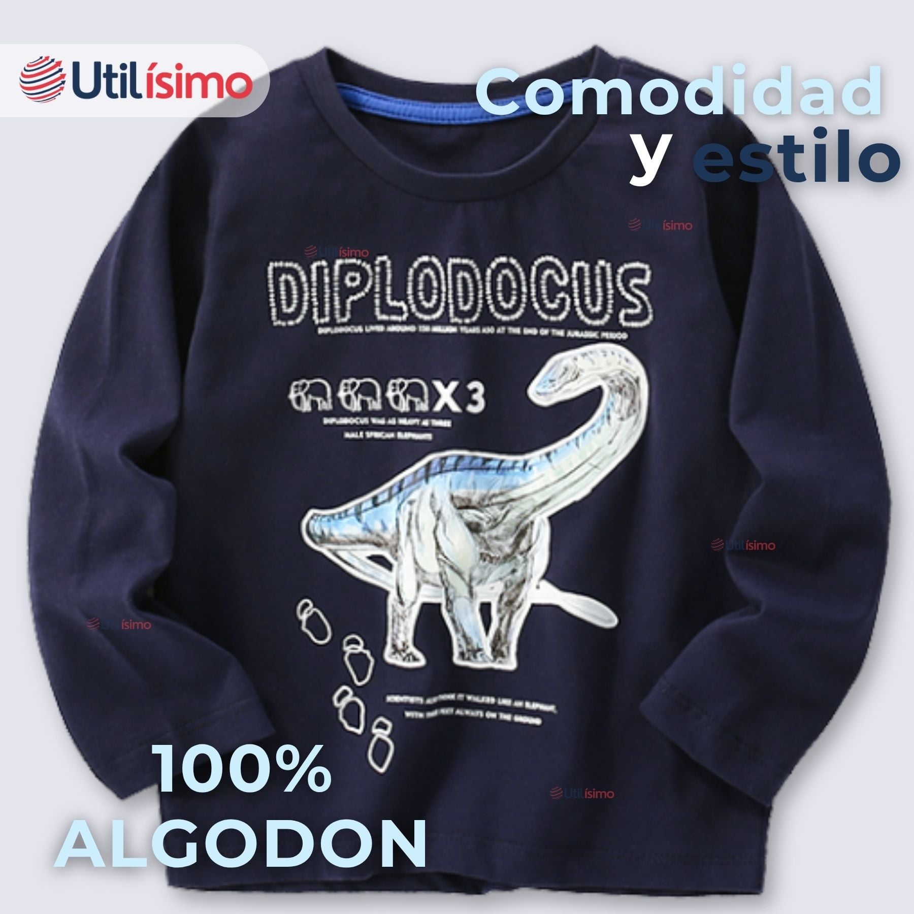 POLERA MANGA LARGA NIÑO 100% ALGODÓN DINOSAURIO AZUL CAMISETA - 3