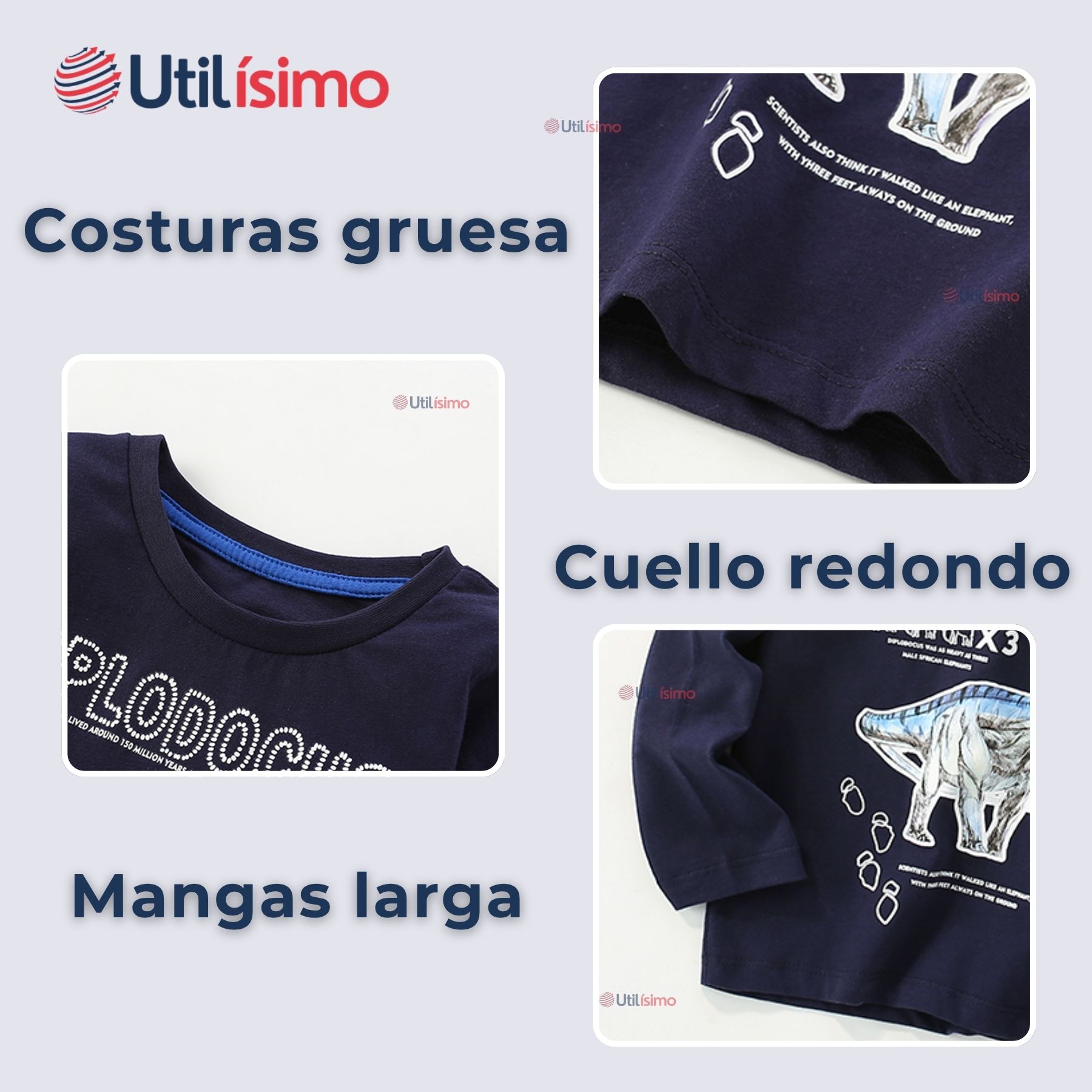 POLERA MANGA LARGA NIÑO 100% ALGODÓN DINOSAURIO AZUL CAMISETA - 6