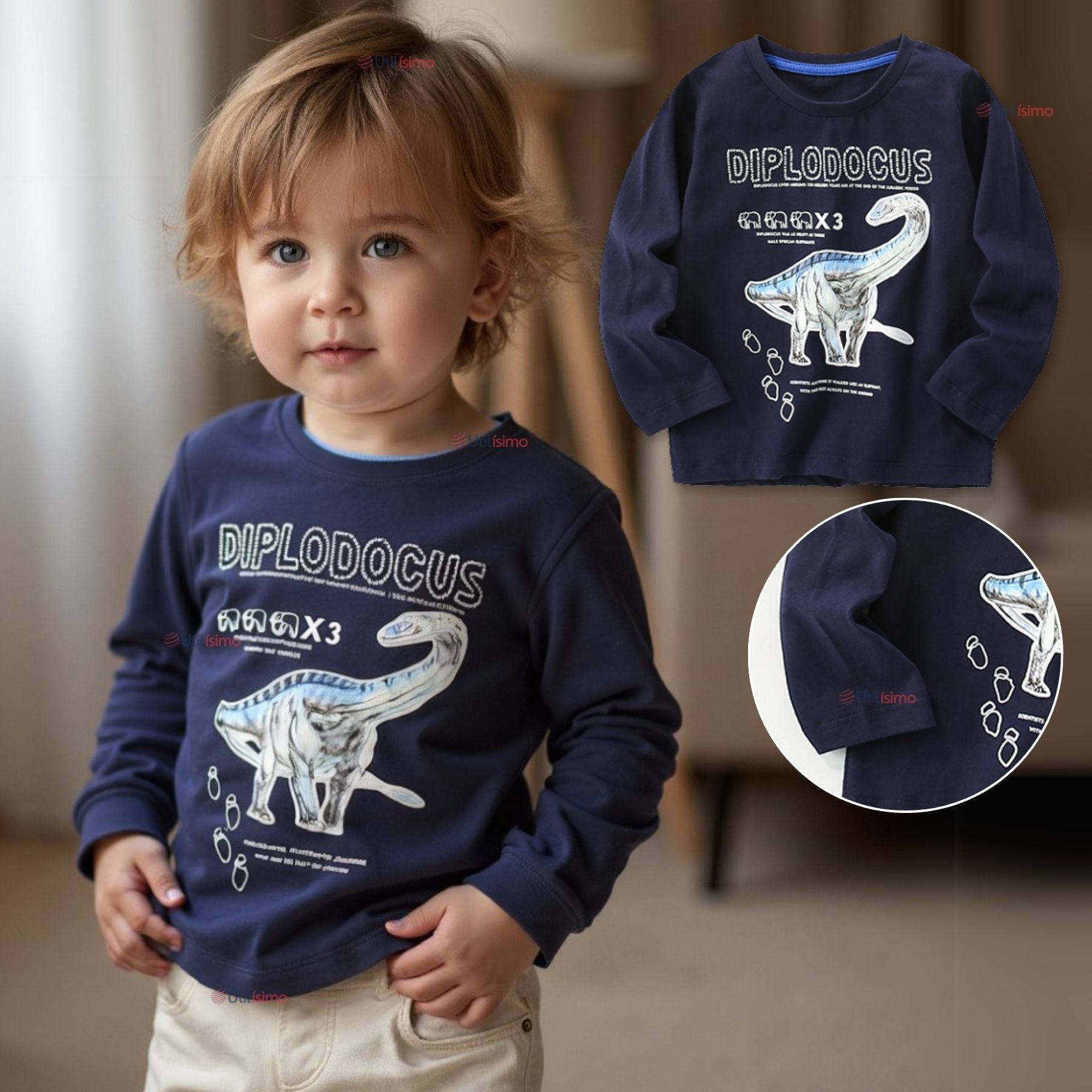 POLERA MANGA LARGA NIÑO 100% ALGODÓN DINOSAURIO AZUL CAMISETA - 1
