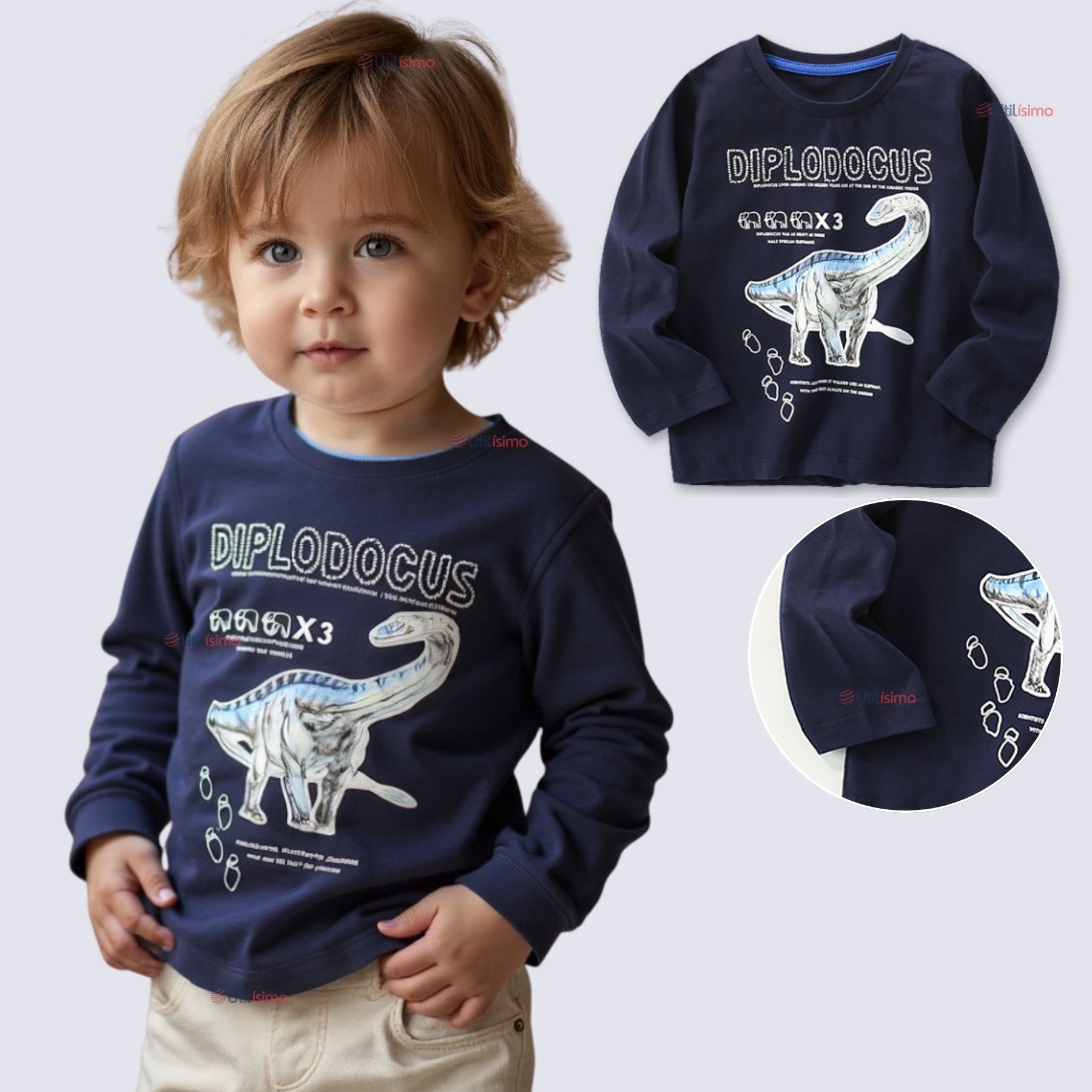 POLERA MANGA LARGA NIÑO 100% ALGODÓN DINOSAURIO AZUL CAMISETA - 4