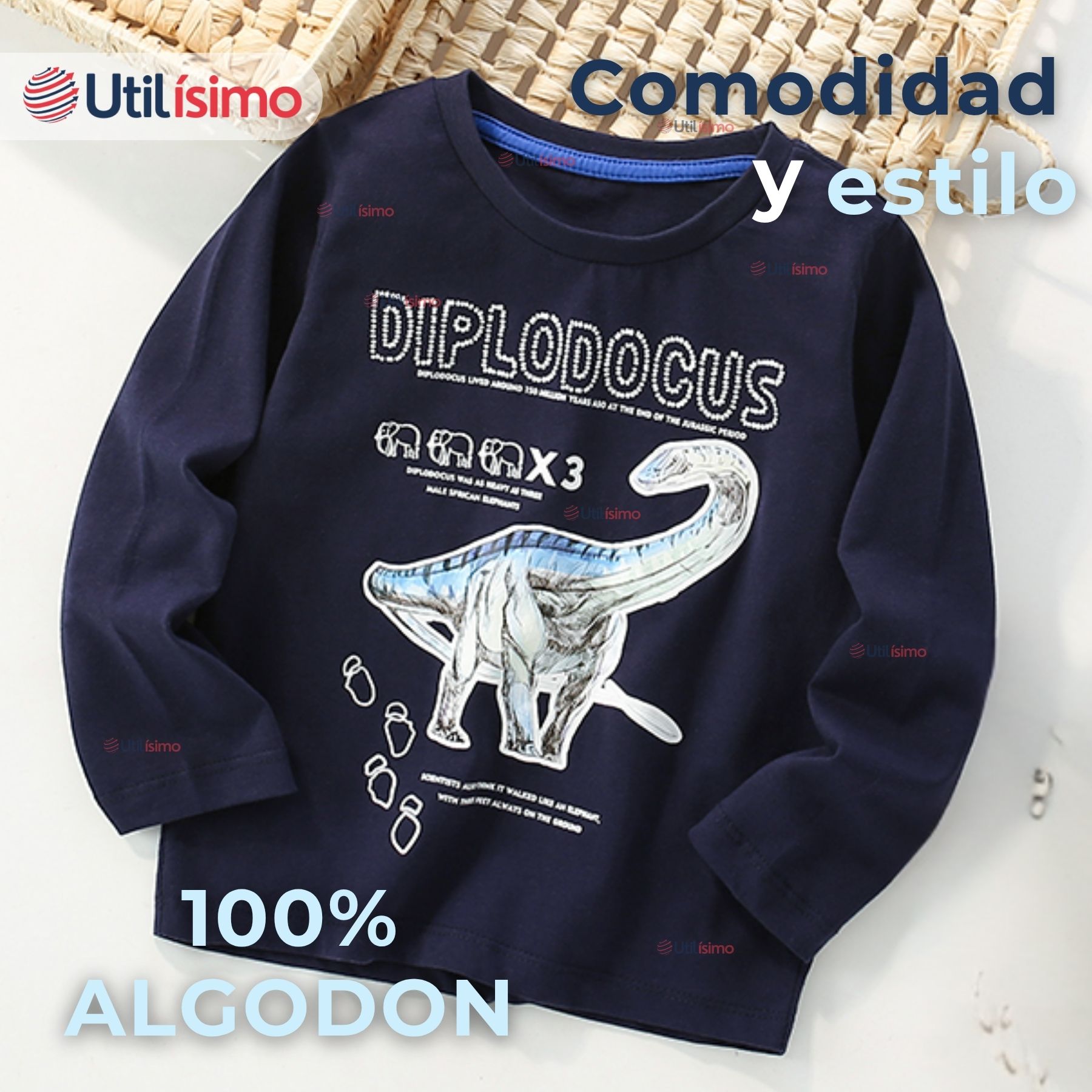POLERA MANGA LARGA NIÑO 100% ALGODÓN DINOSAURIO AZUL CAMISETA - 5