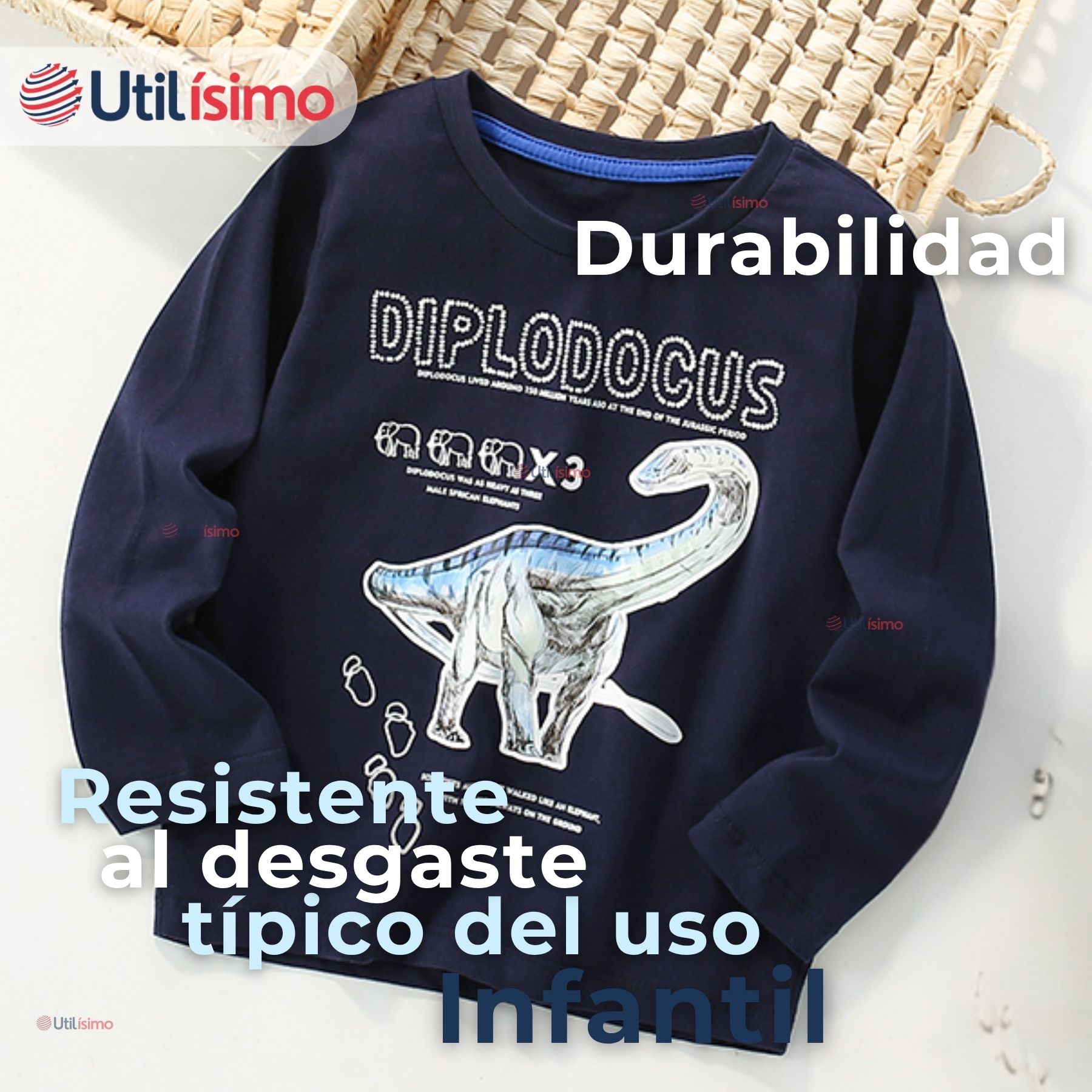 POLERA MANGA LARGA NIÑO 100% ALGODÓN DINOSAURIO AZUL CAMISETA - 10