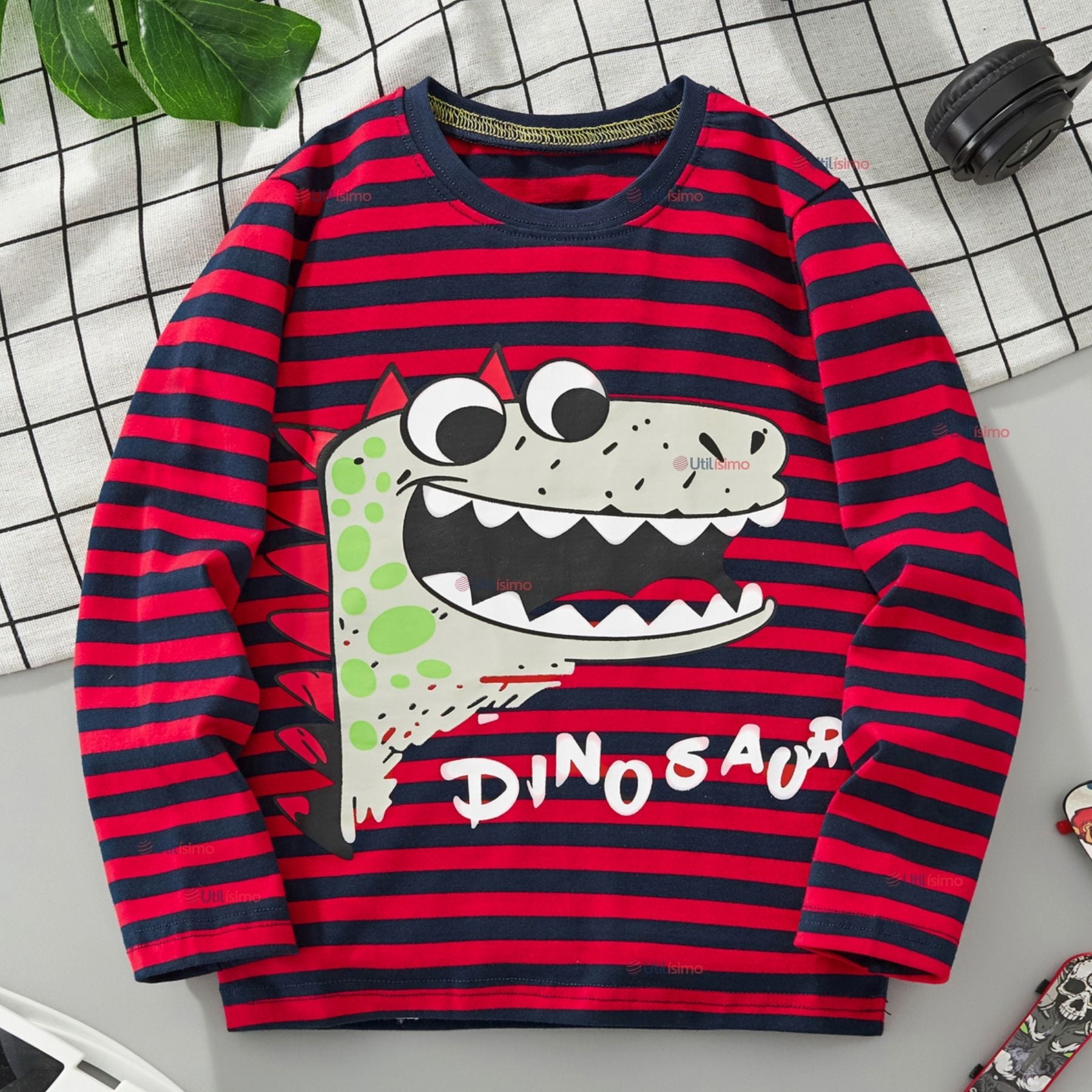 POLERA MANGA LARGA NIÑO 100% ALGODÓN DINOSAURIO EN COLOR ROJO CAMISETA - 1