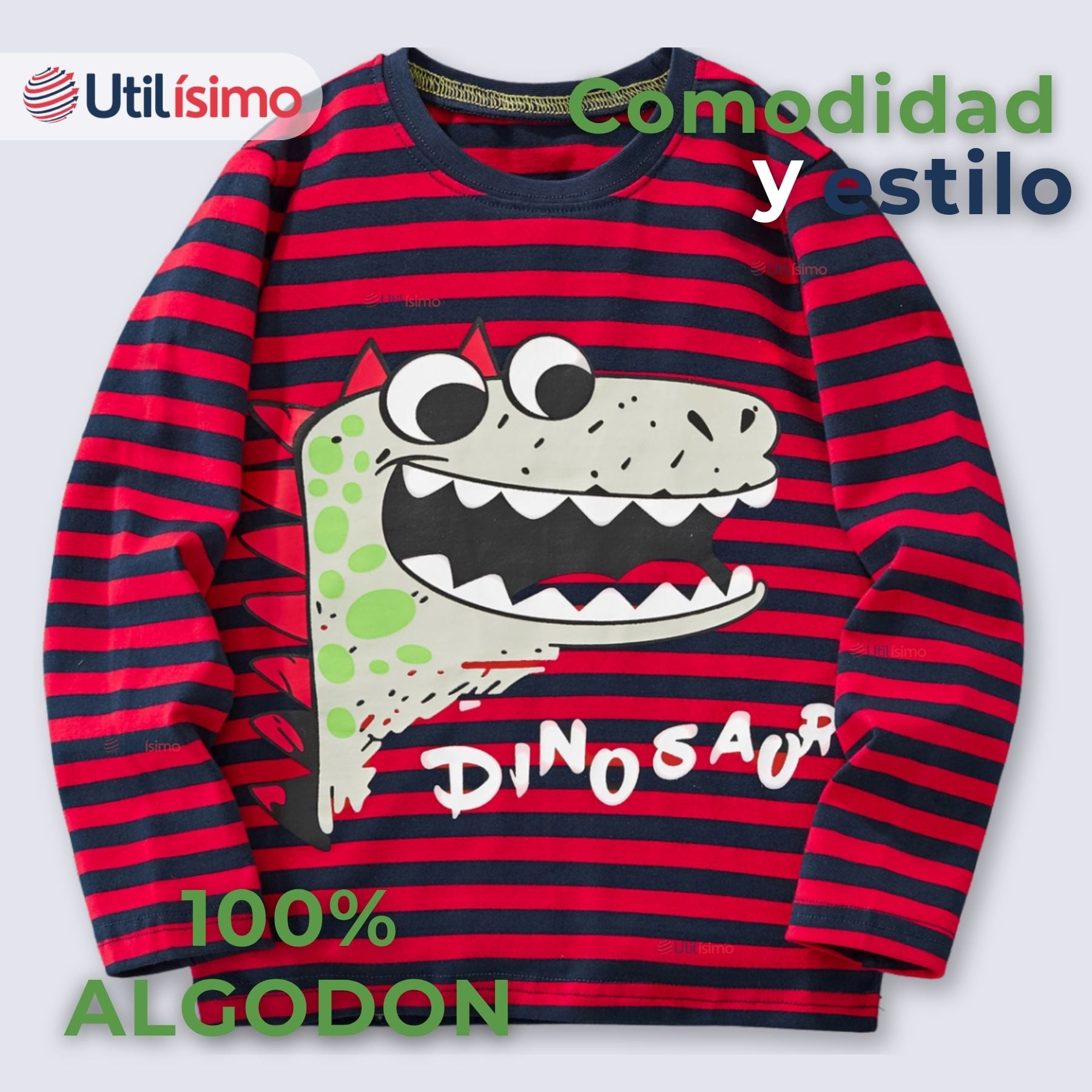 POLERA MANGA LARGA NIÑO 100% ALGODÓN DINOSAURIO EN COLOR ROJO CAMISETA - 3