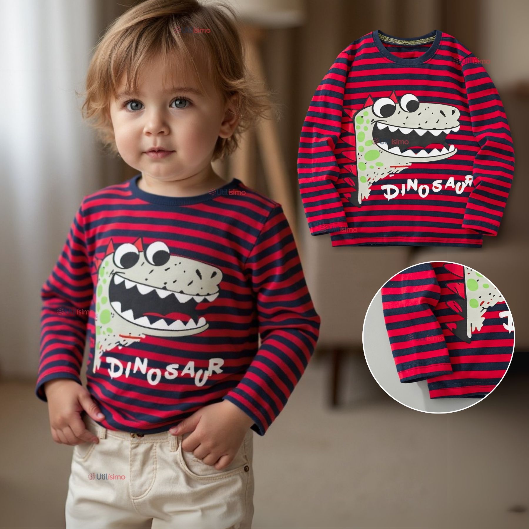 POLERA MANGA LARGA NIÑO 100% ALGODÓN DINOSAURIO EN COLOR ROJO CAMISETA - 1