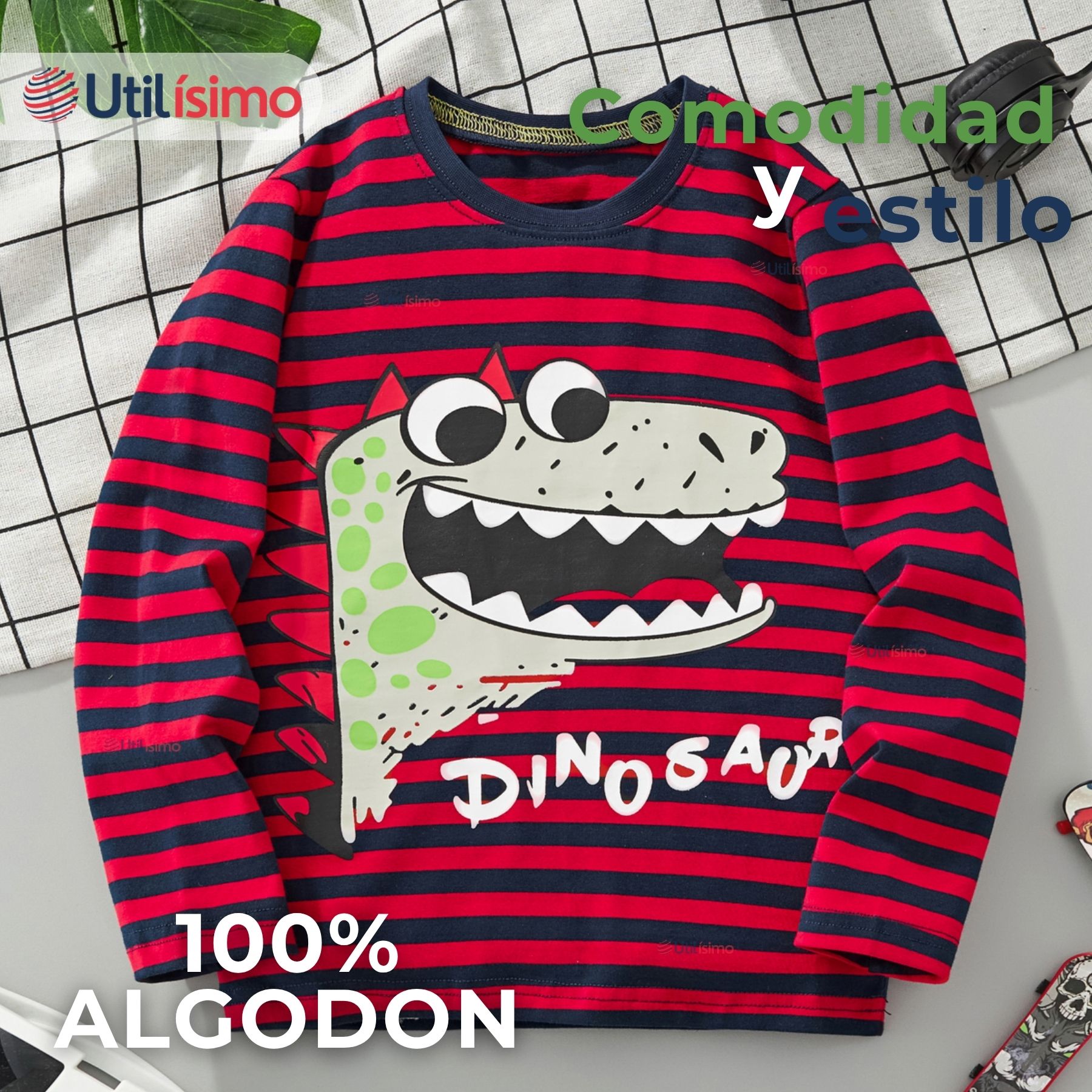 POLERA MANGA LARGA NIÑO 100% ALGODÓN DINOSAURIO EN COLOR ROJO CAMISETA - 3