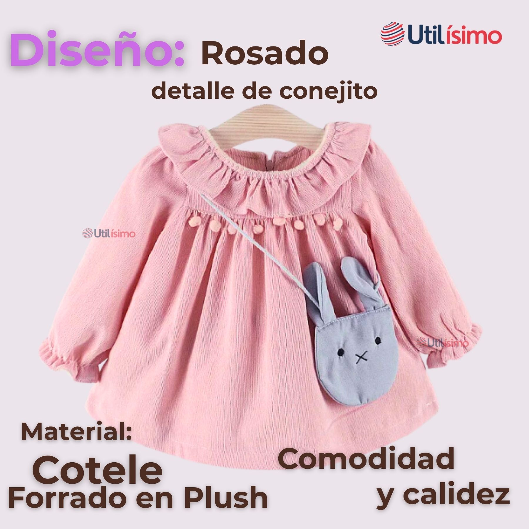 VESTIDO DE COTELÉ CON BOLSO CONEJO FORRADO EN PLUSH NIÑA COLOR ROSADO - 2