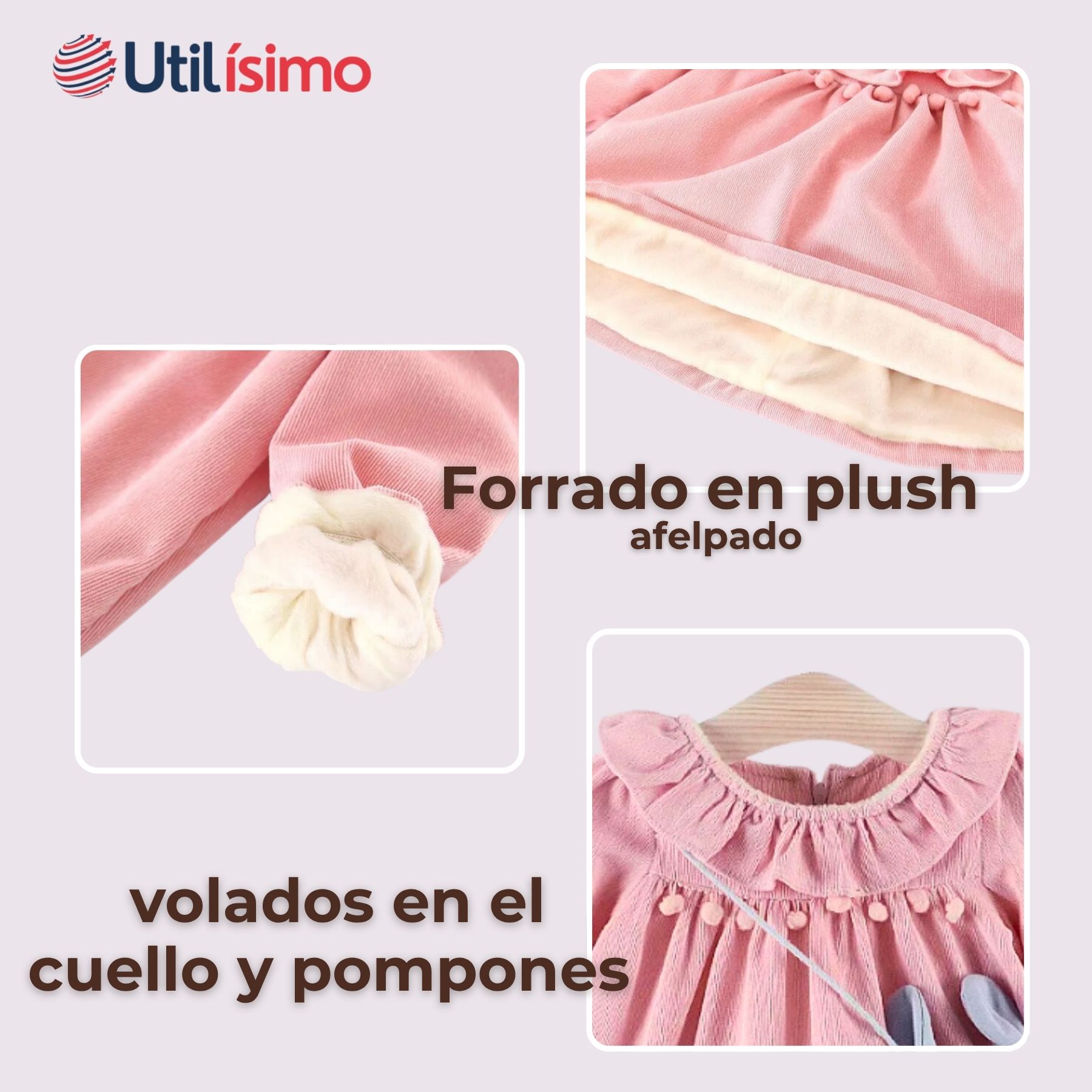VESTIDO DE COTELÉ CON BOLSO CONEJO FORRADO EN PLUSH NIÑA COLOR ROSADO - 4
