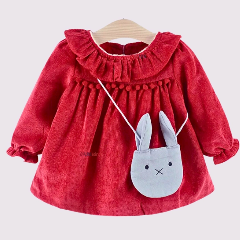 VESTIDO DE COTELÉ CON BOLSO CONEJO FORRADO EN PLUSH NIÑA EN COLOR ROJO - 1