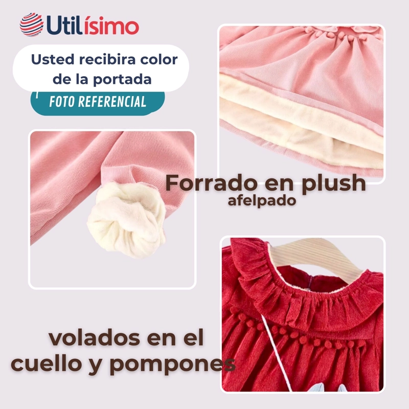 VESTIDO DE COTELÉ CON BOLSO CONEJO FORRADO EN PLUSH NIÑA EN COLOR ROJO - 3