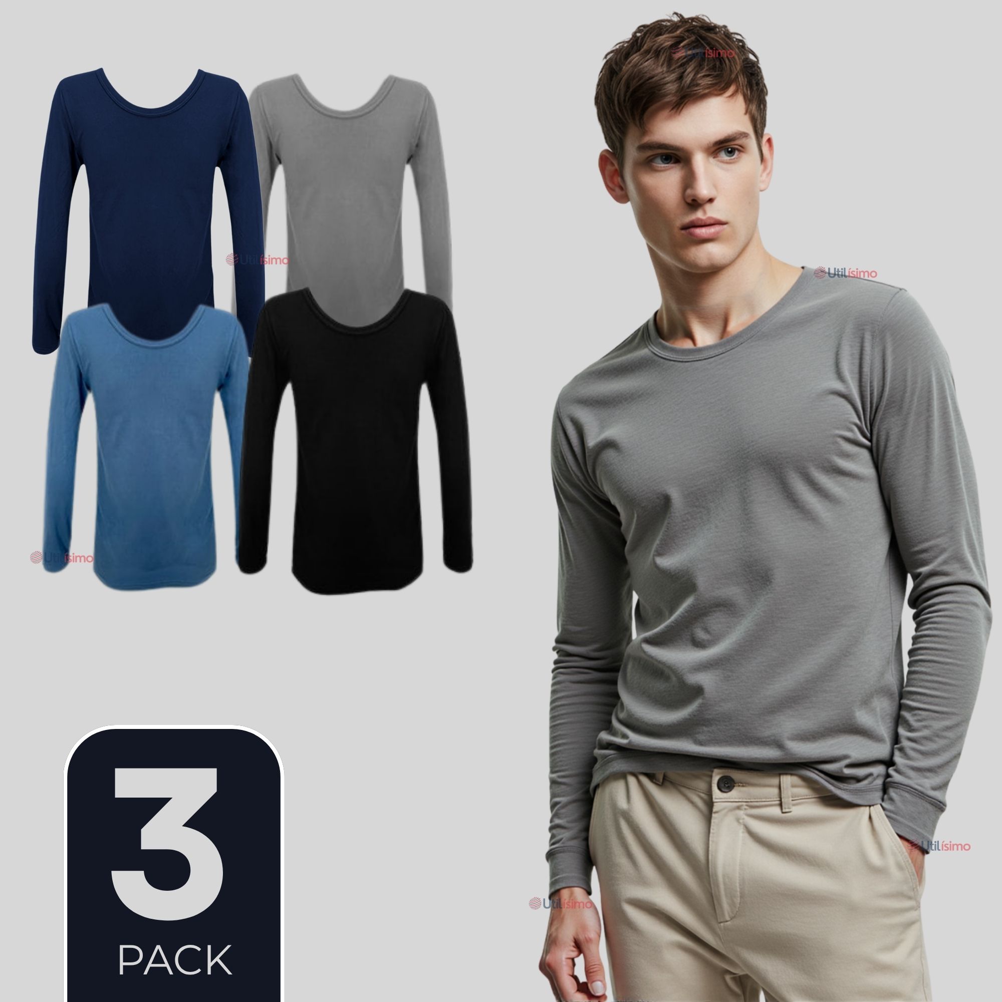 PACK 3 CAMISETAS HOMBRE BAMBÚ MANGA LARGA PRIMERA CAPA POLERAS - 1