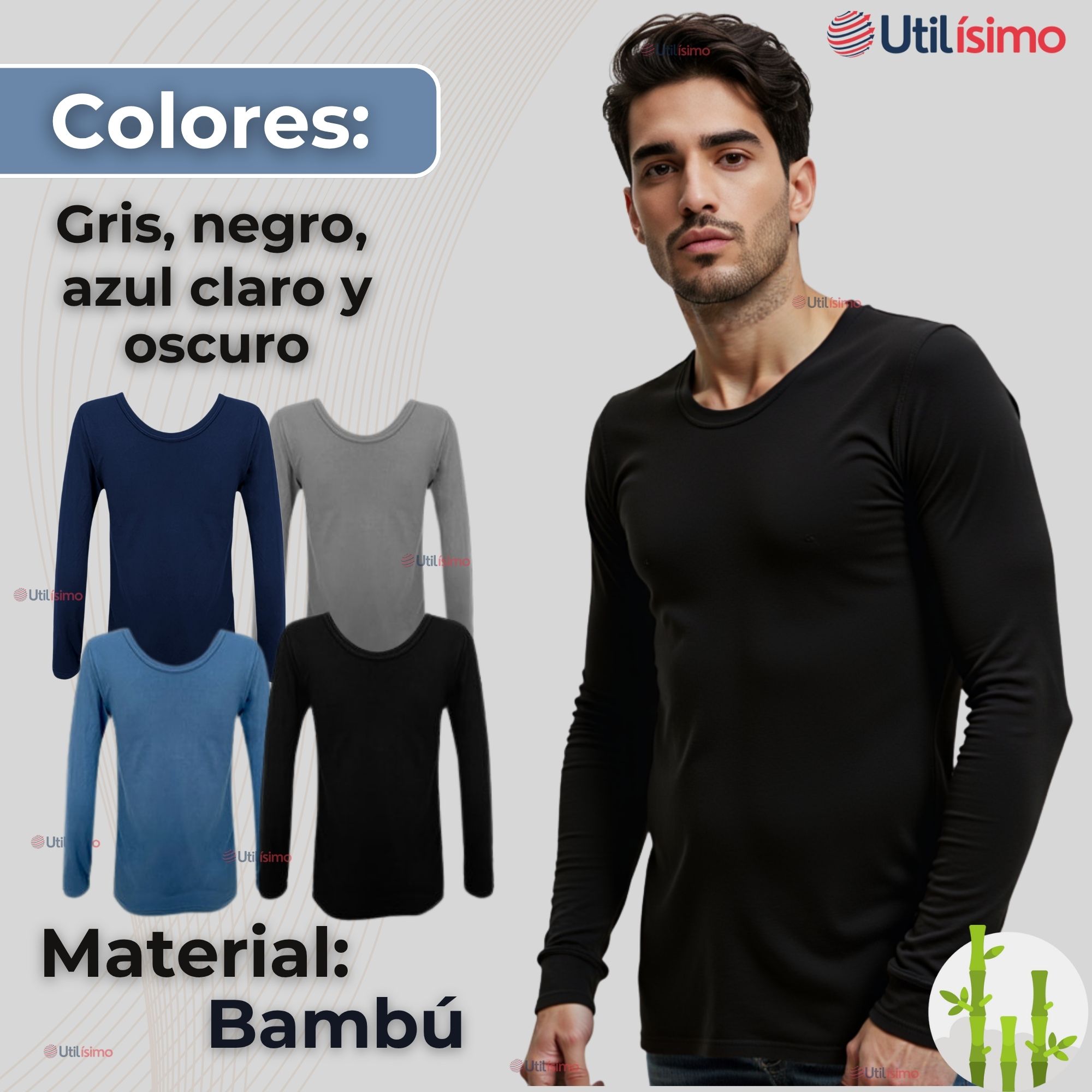 PACK 3 CAMISETAS HOMBRE BAMBÚ MANGA LARGA PRIMERA CAPA POLERAS - 3