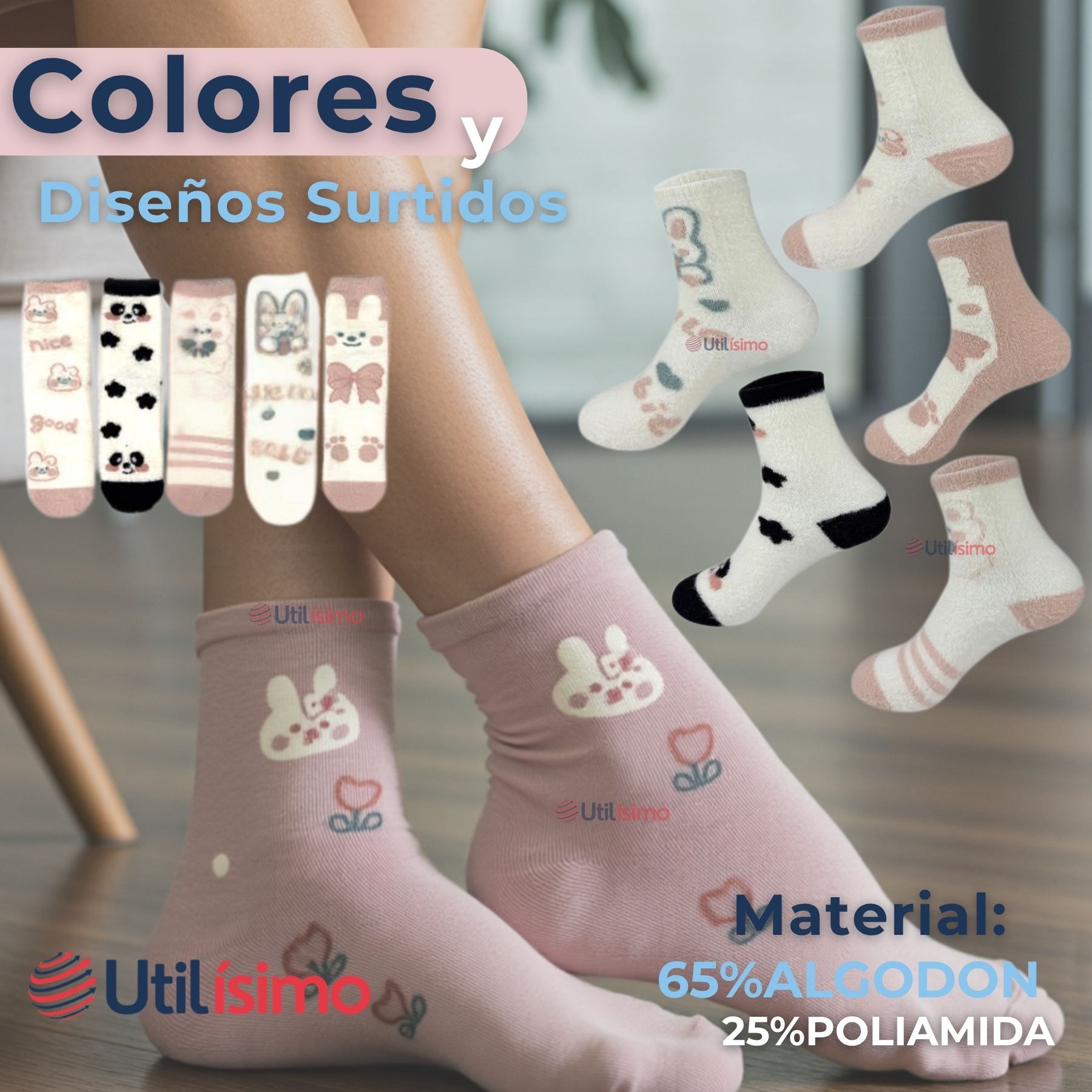 PACK 6 PARES CALCETINES TERCIOPELO DE VISÓN MUJER DISEÑOS SURTIDOS ALGODÓN - 2
