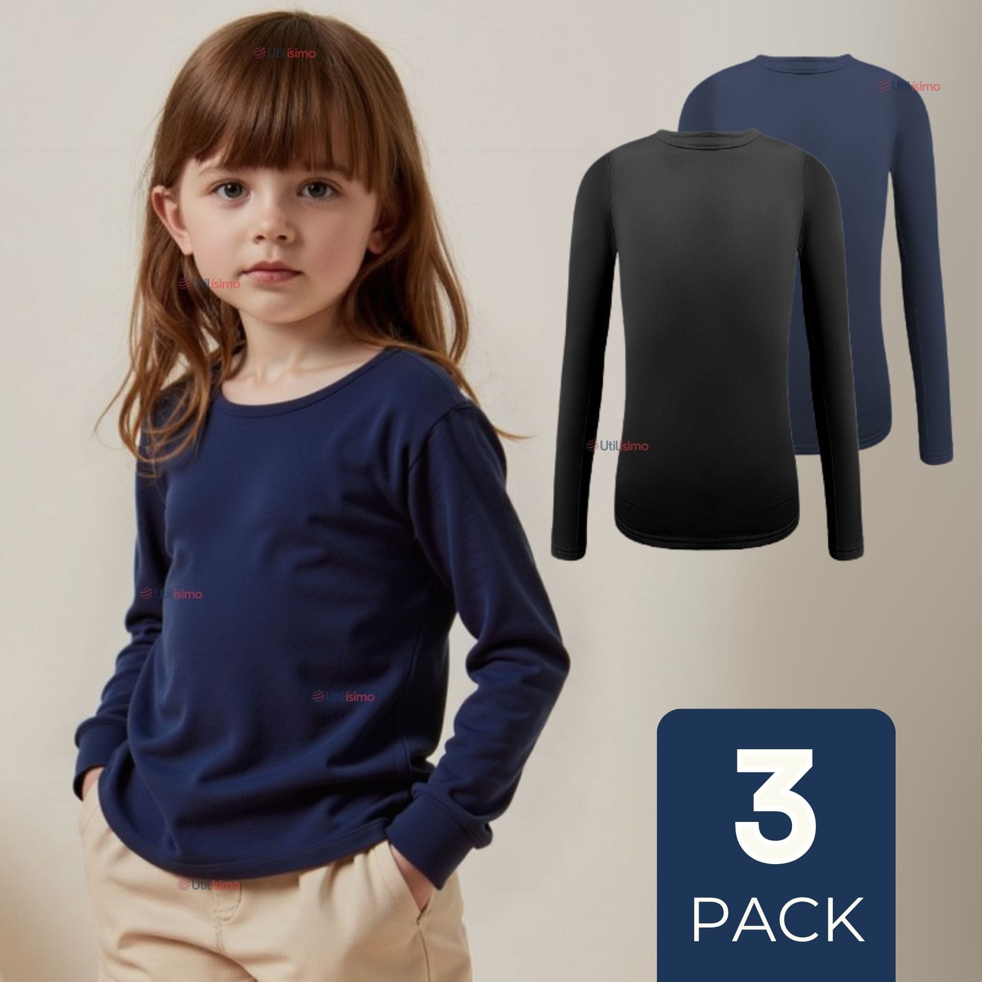 PACK 3 PRIMERA CAPA ESCOLAR BAMBÚ INVIERNO CAMISETA NIÑA CUELLO REDONDO POLERA - 1