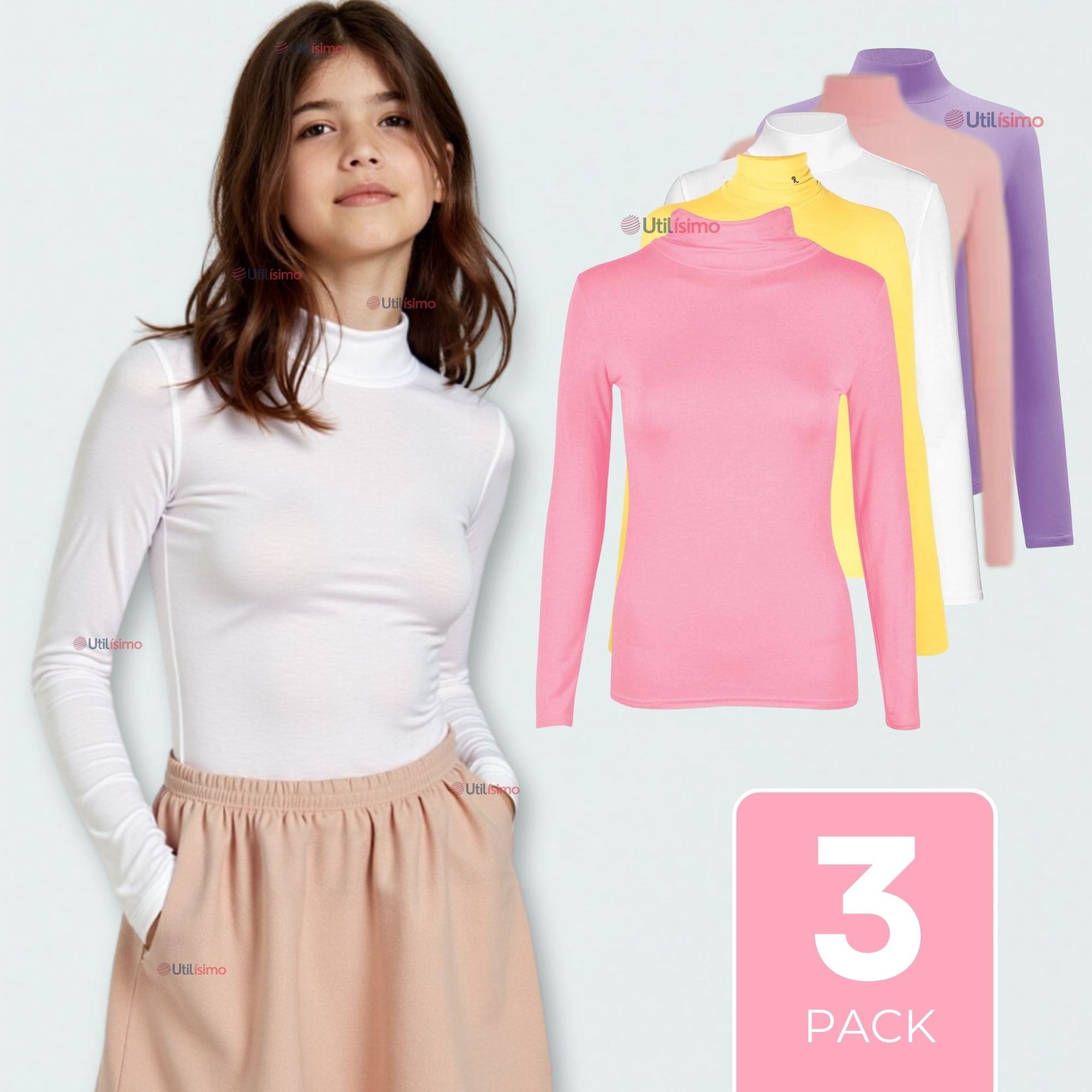 PACK 3 CAMISETA LOLA MUJER PRIMERA CAPA BAMBÚ INVIERNO CUELLO BEATLE POLERA - 1