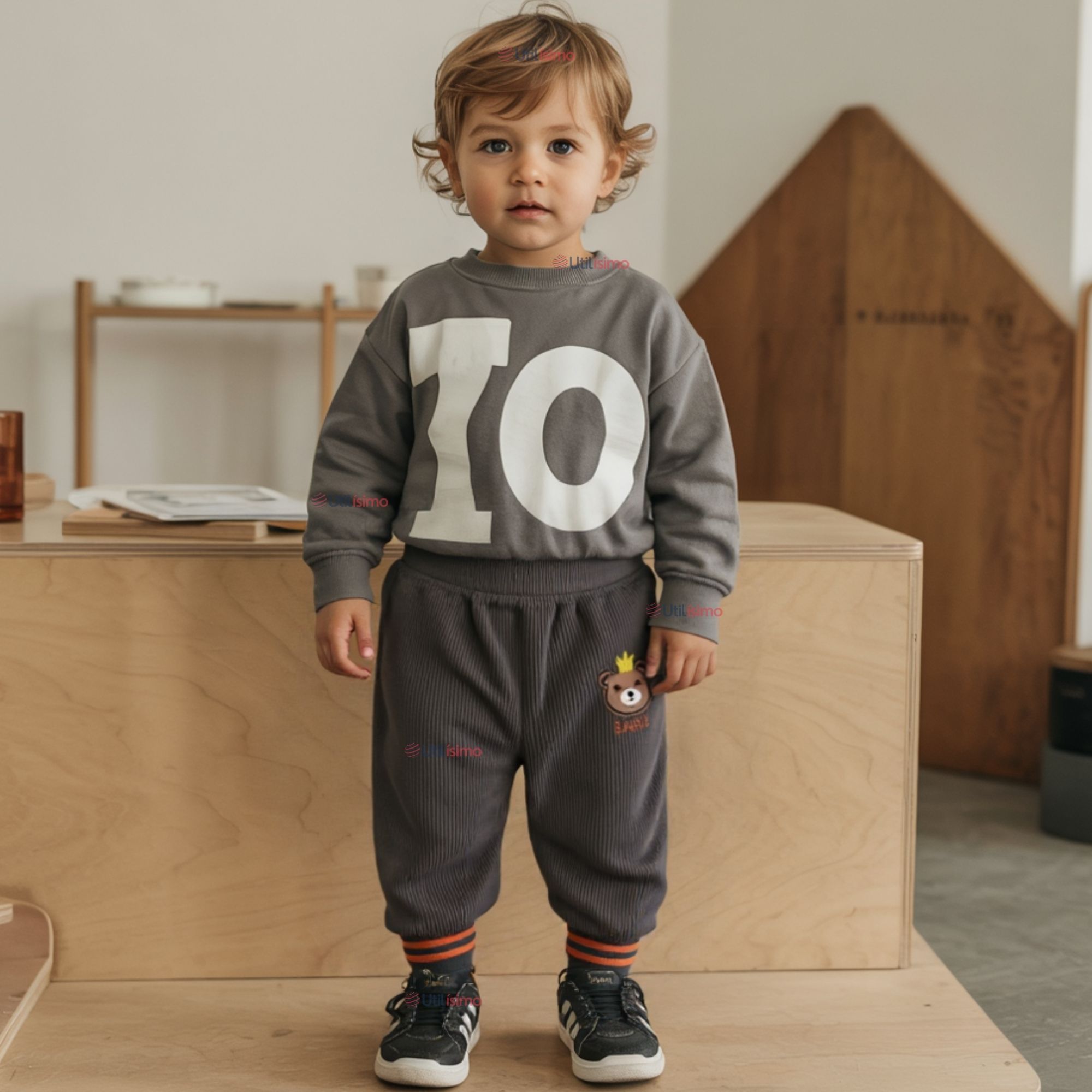 BUZO COTELÉ BEBÉ NIÑO FORRADO EN POLAR GRIS PANTALÓN - 1