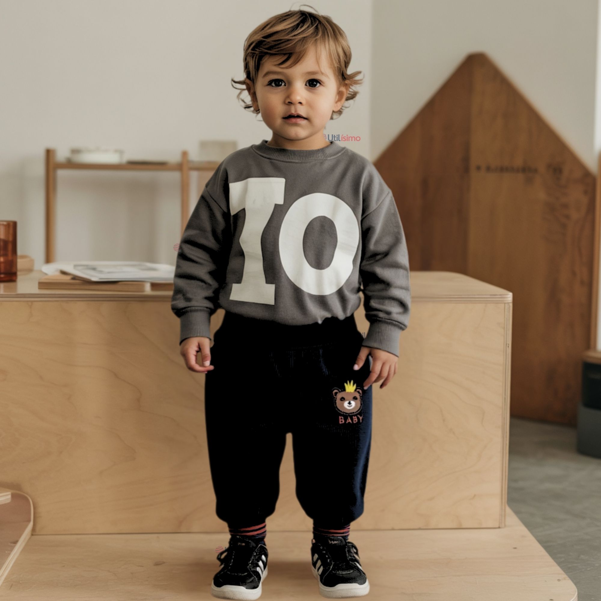 BUZO COTELÉ BEBÉ NIÑO FORRADO EN POLAR EN COLOR NEGRO PANTALÓN - 1