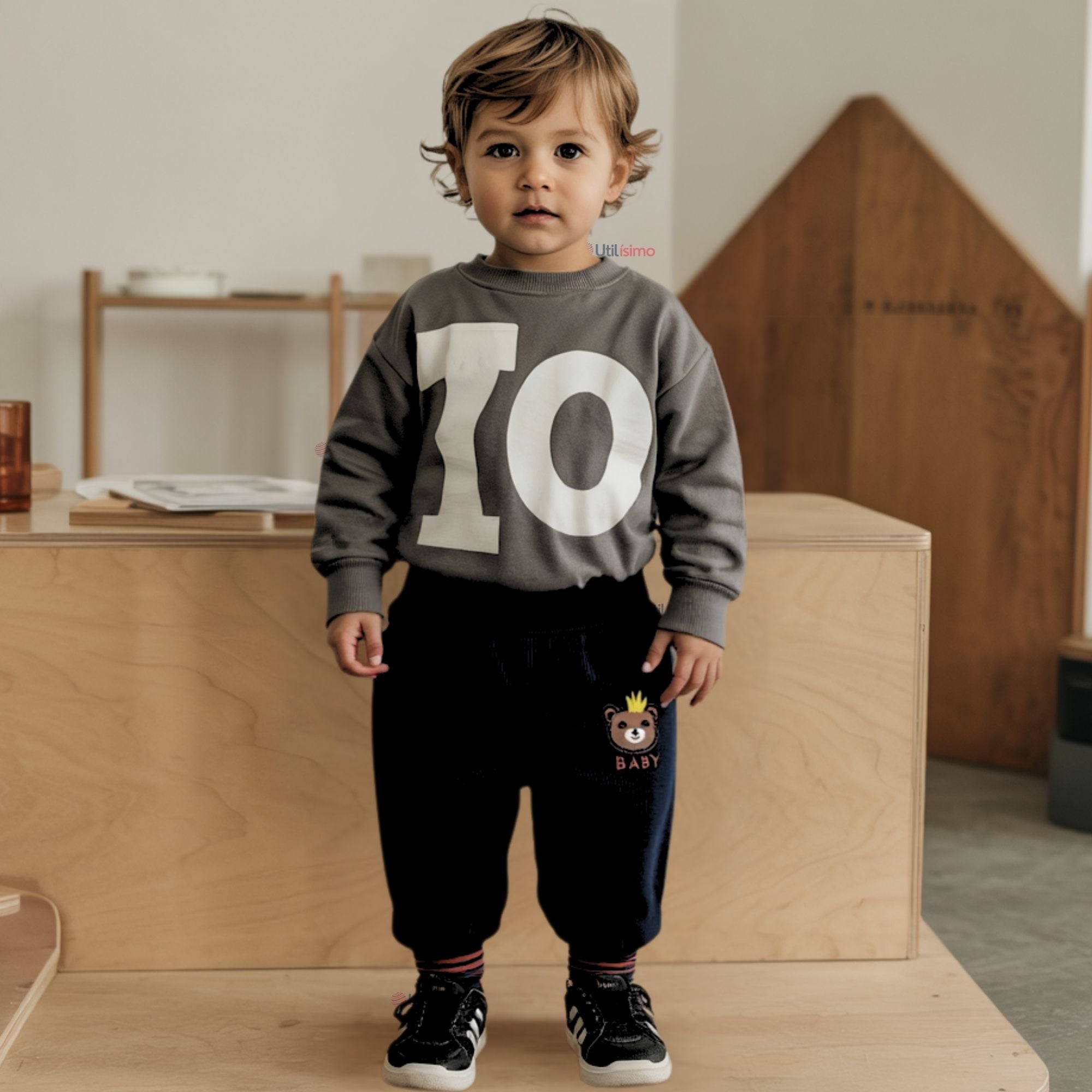 BUZO COTELÉ BEBÉ NIÑO FORRADO EN POLAR EN COLOR NEGRO PANTALÓN - 1