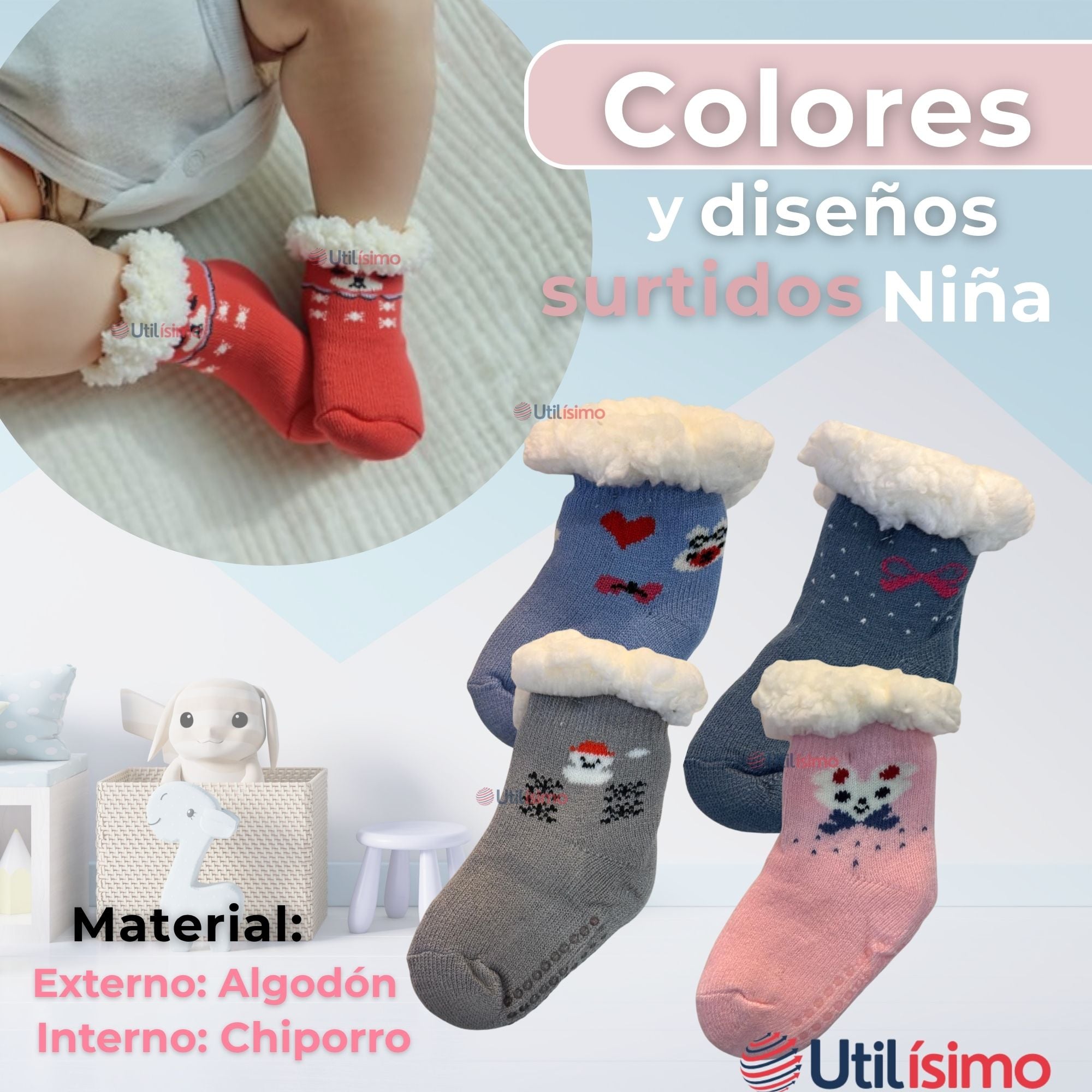 CALCETINES DE CHIPORRO BEBÉ NIÑA ANTIDESLIZANTE COLORES SURTIDOS - 2
