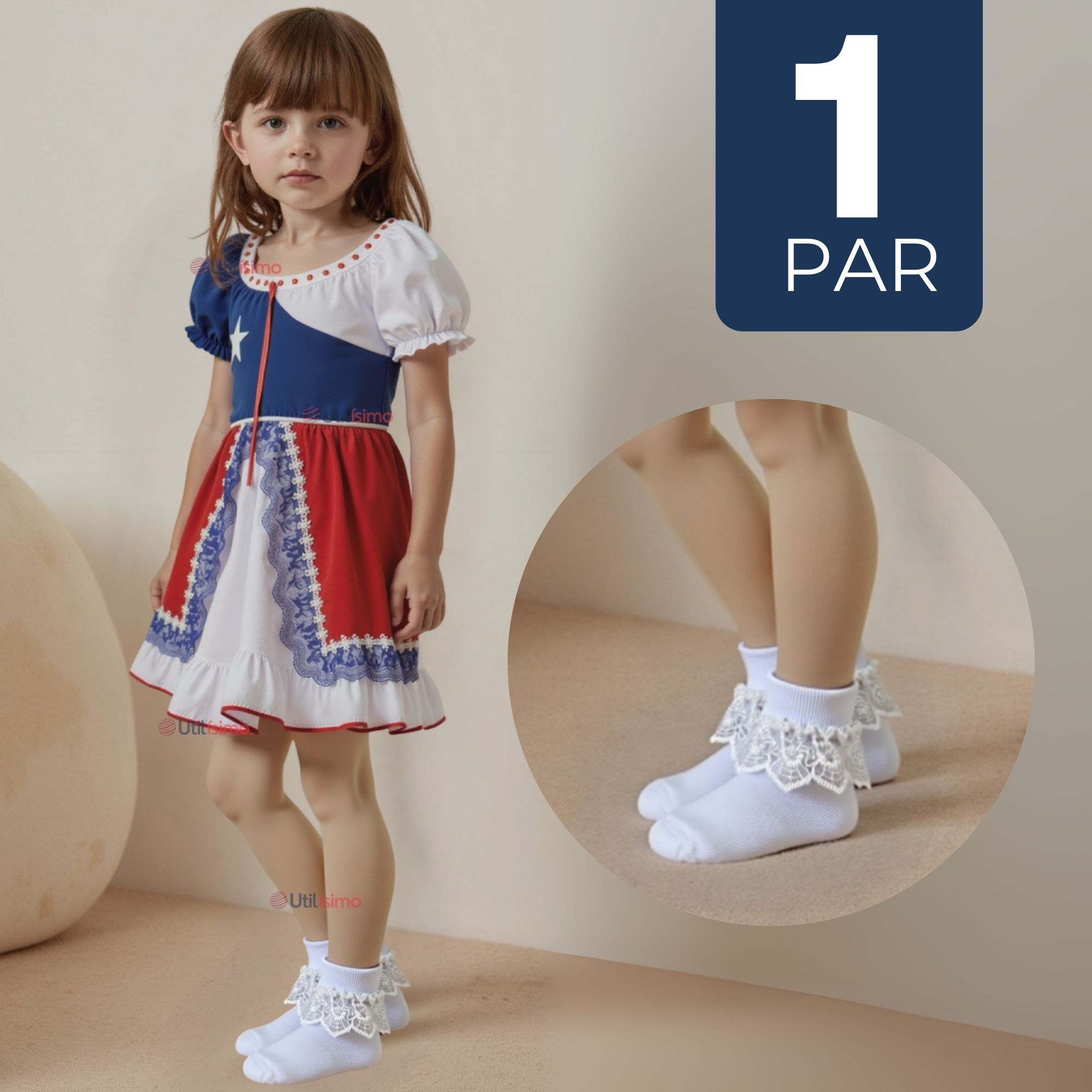 CALCETINES CON VUELO BLANCO NIÑA ALGODON FIESTAS PATRIAS - 1
