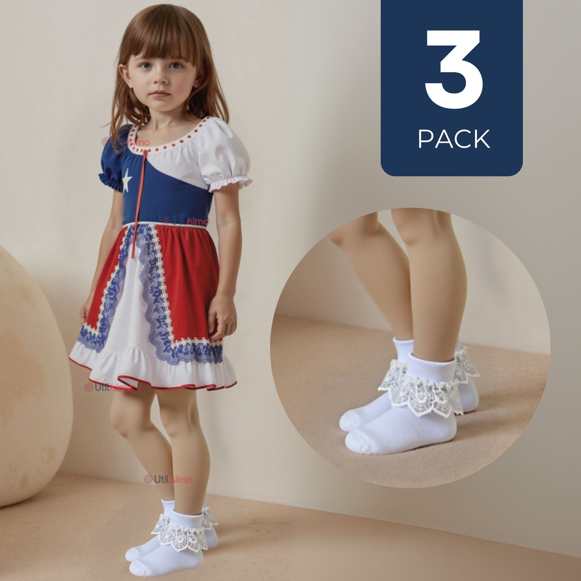 PACK 3 CALCETINES CON VUELO BLANCO NIÑA ALGODON FIESTAS PATRIAS - 1
