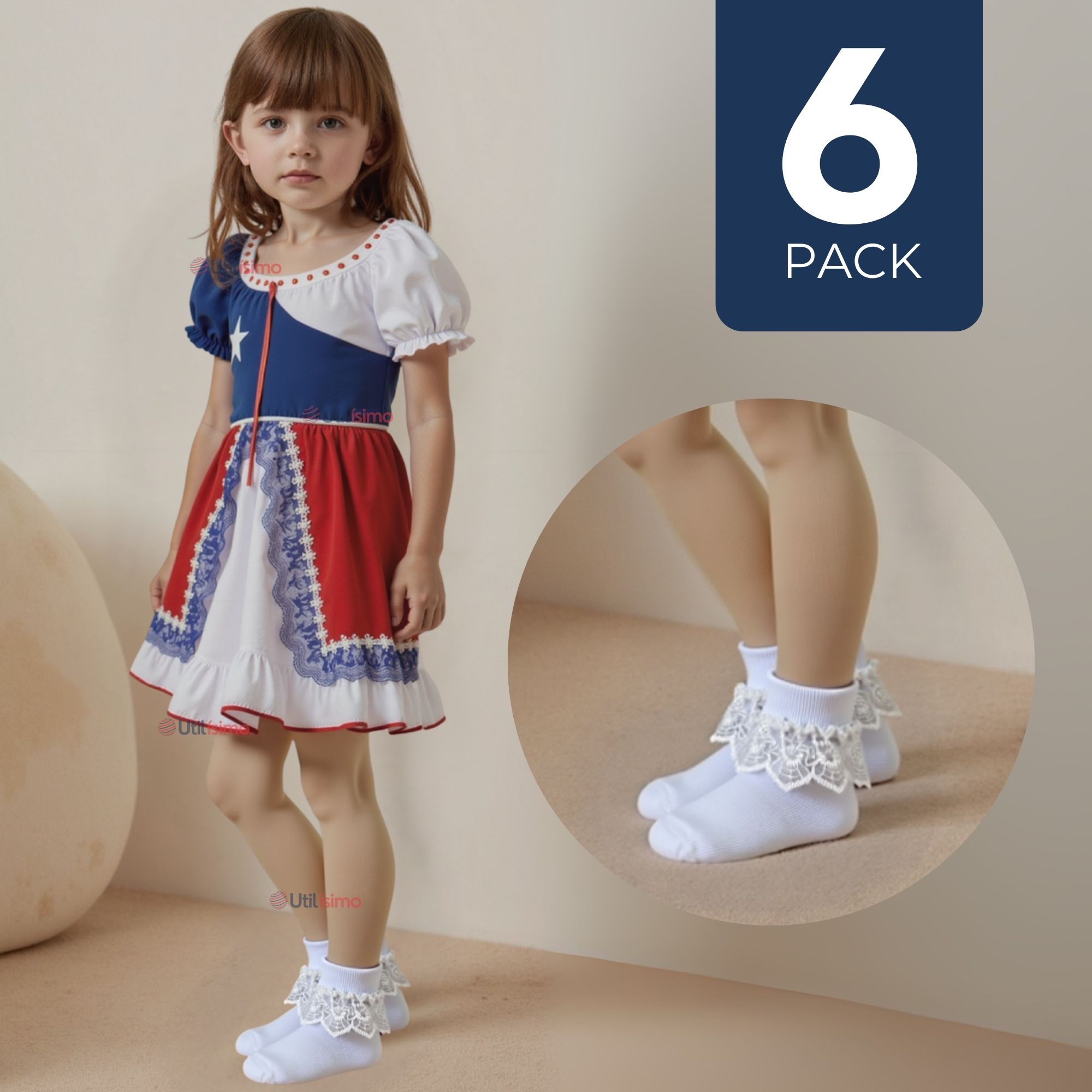 PACK 6 CALCETINES CON VUELO BLANCO NIÑA ALGODON FIESTAS PATRIAS - 1