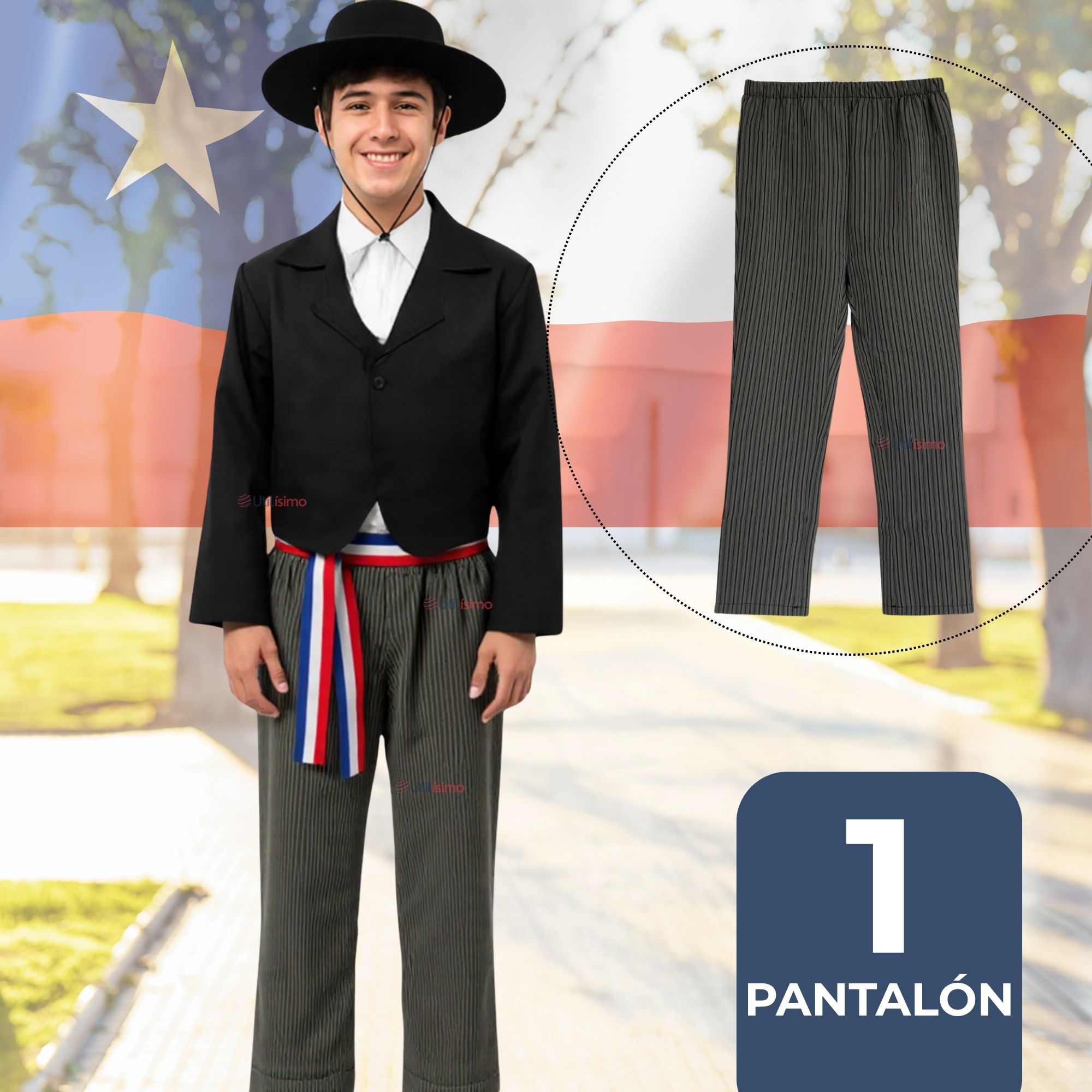 PANTALON HUASO JUVENIL GRIS CON RAYAS FIESTAS PATRIAS - 1
