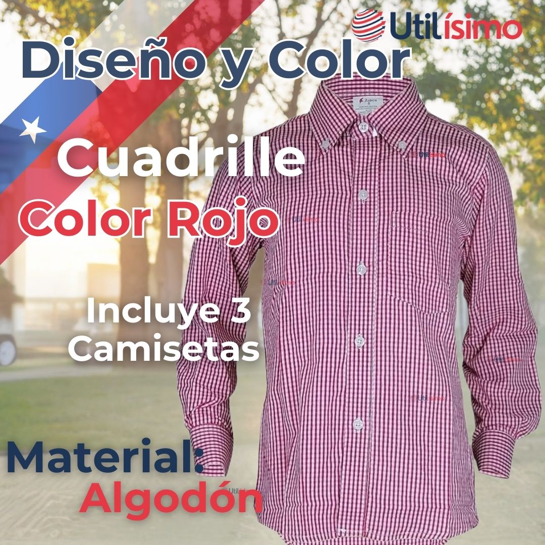 PACK 3 CAMISA HUASO CUADRILLE ALGODON NIÑO JUVENIL COLOR ROJO - 2