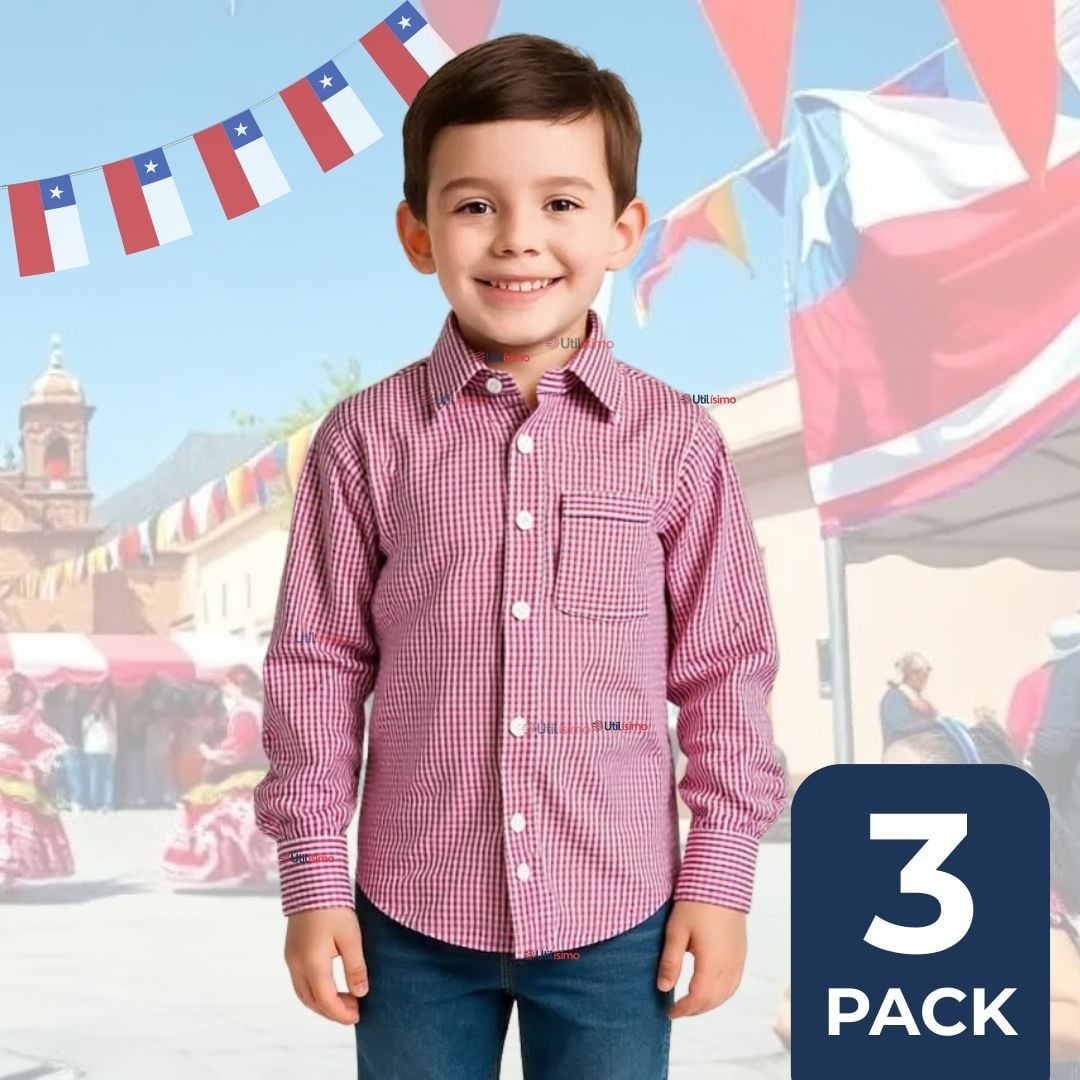 PACK 3 CAMISA HUASO CUADRILLE ALGODON NIÑO JUVENIL COLOR ROJO - 1