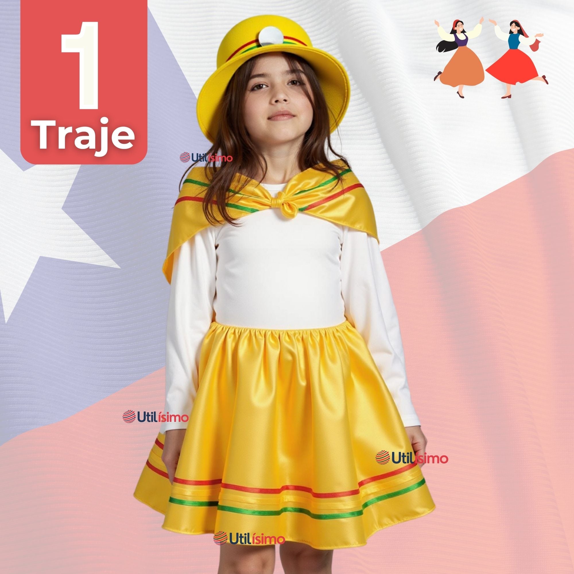 TRAJE NORTINO NIÑA 3 PIEZAS + POLERA BLANCA FIESTAS PATRIAS BAILE NORTINO - 1