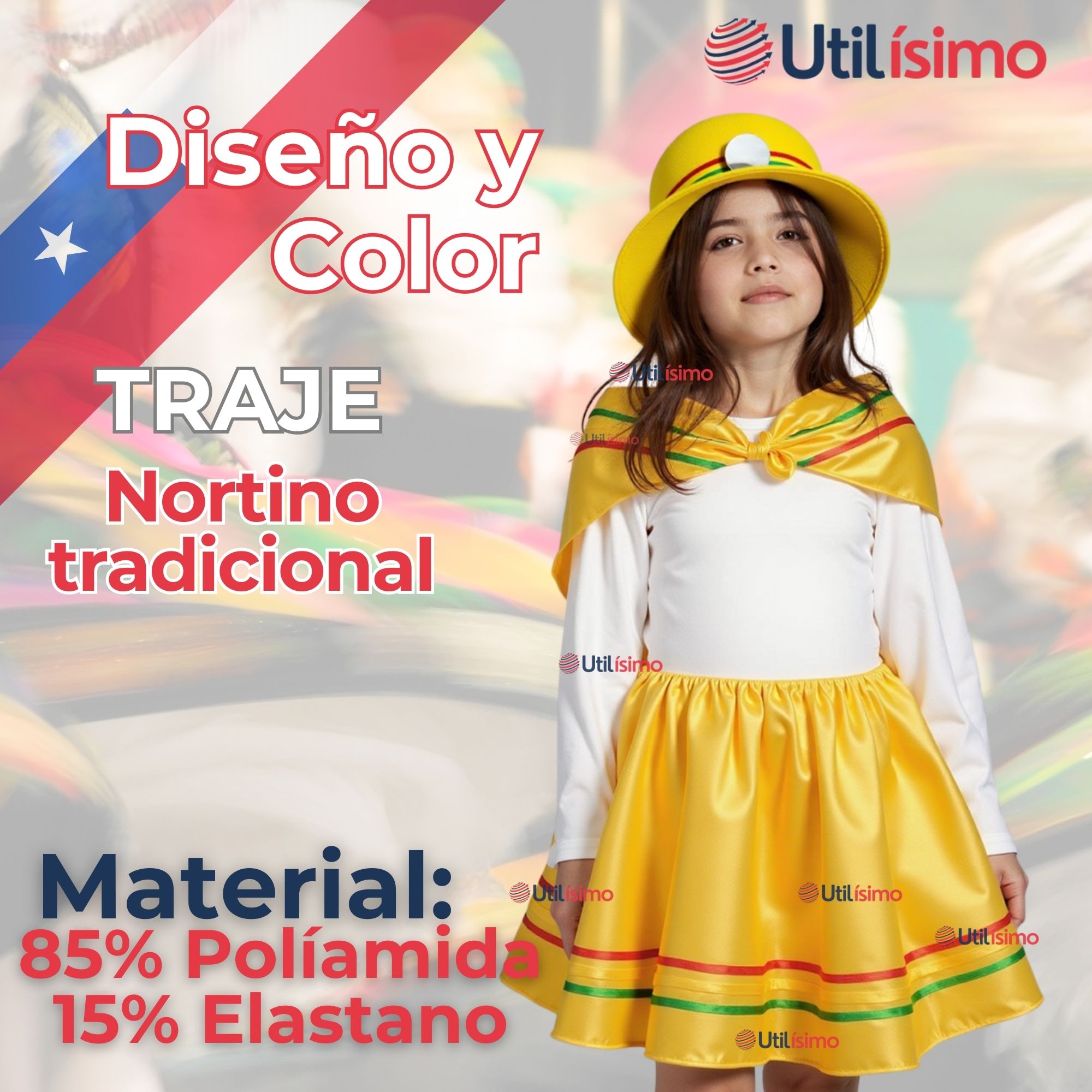 TRAJE NORTINO NIÑA 3 PIEZAS + POLERA BLANCA FIESTAS PATRIAS BAILE NORTINO - 4