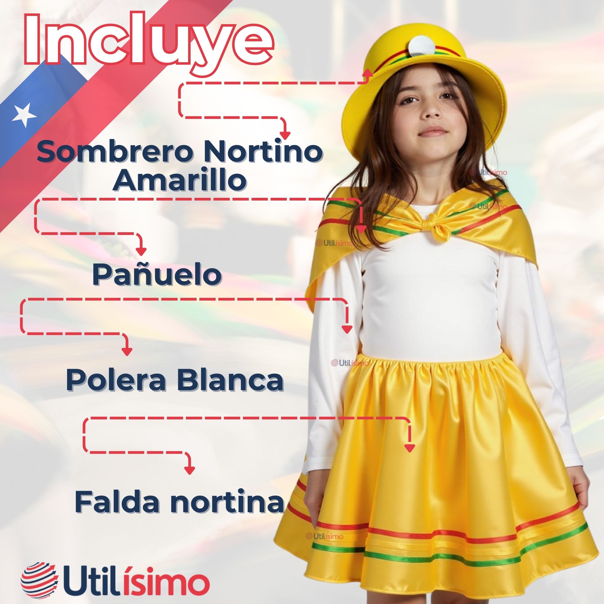 PACK 3 TRAJE NORTINO NIÑA 3 PIEZAS + POLERA BLANCA FIESTAS PATRIAS BAILE NORTINO - 3