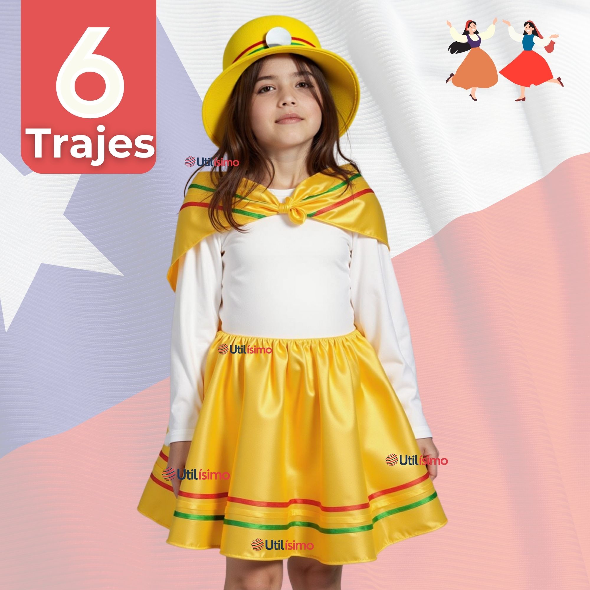 PACK 6 TRAJE NORTINO NIÑA 3 PIEZAS + POLERA BLANCA FIESTAS PATRIAS BAILE NORTINO - 1