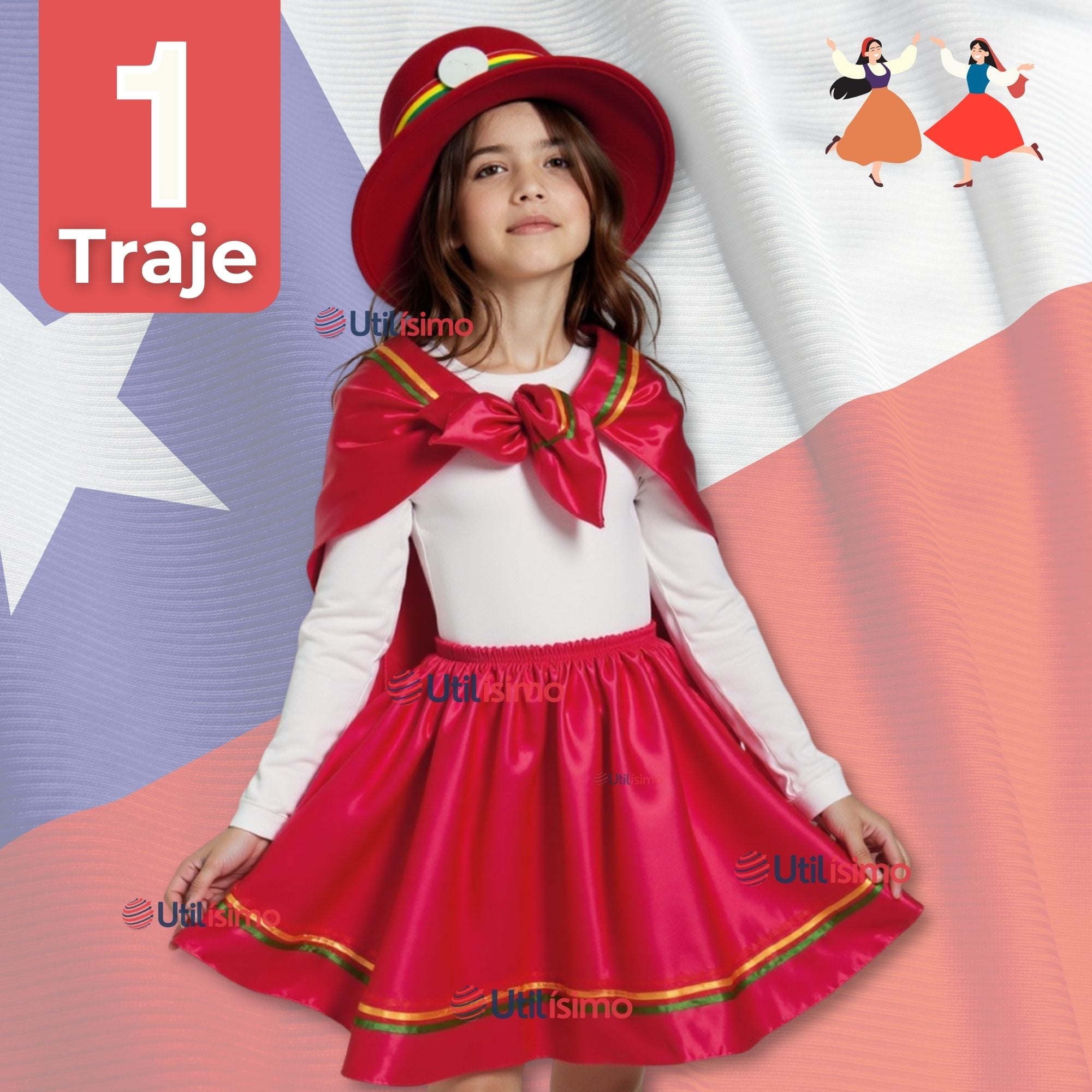 TRAJE NORTINO NIÑA 3 PIEZAS + POLERA BLANCA FIESTAS PATRIAS BAILE NORTINO - 1