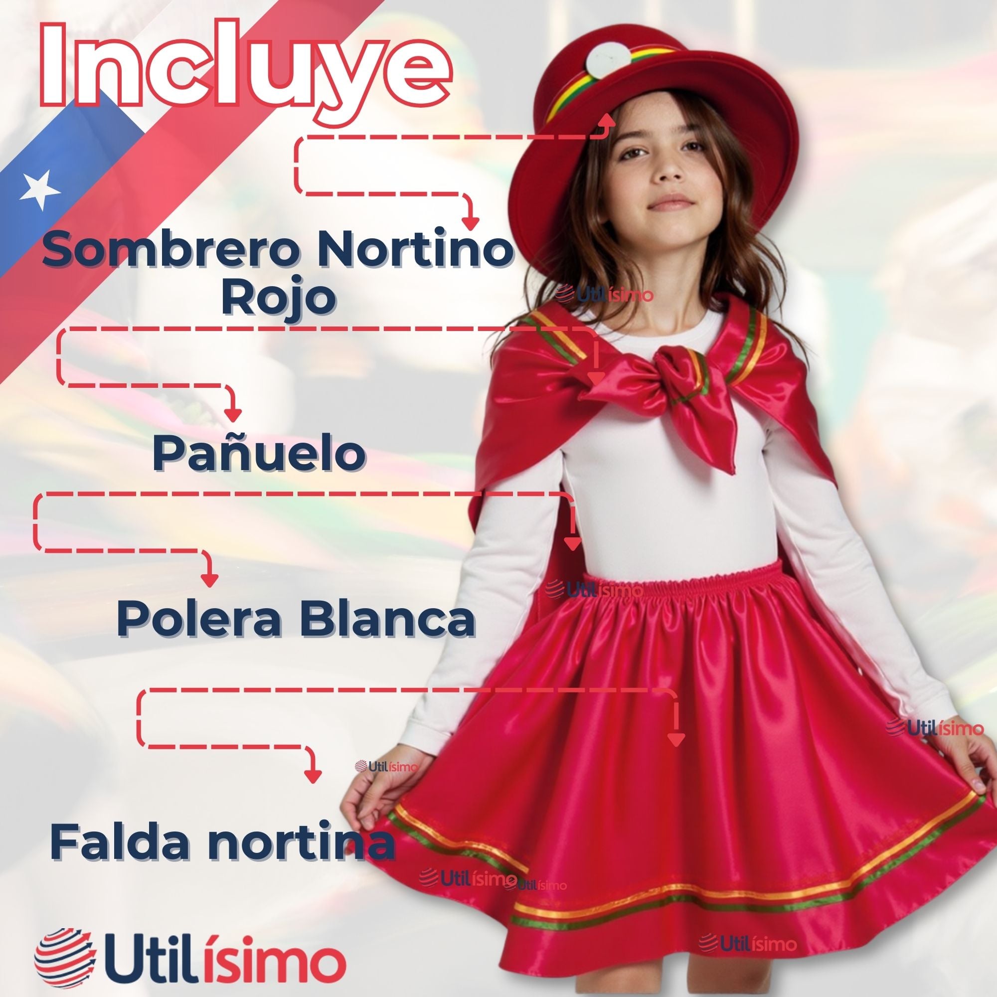TRAJE NORTINO NIÑA 3 PIEZAS + POLERA BLANCA FIESTAS PATRIAS BAILE NORTINO - 2