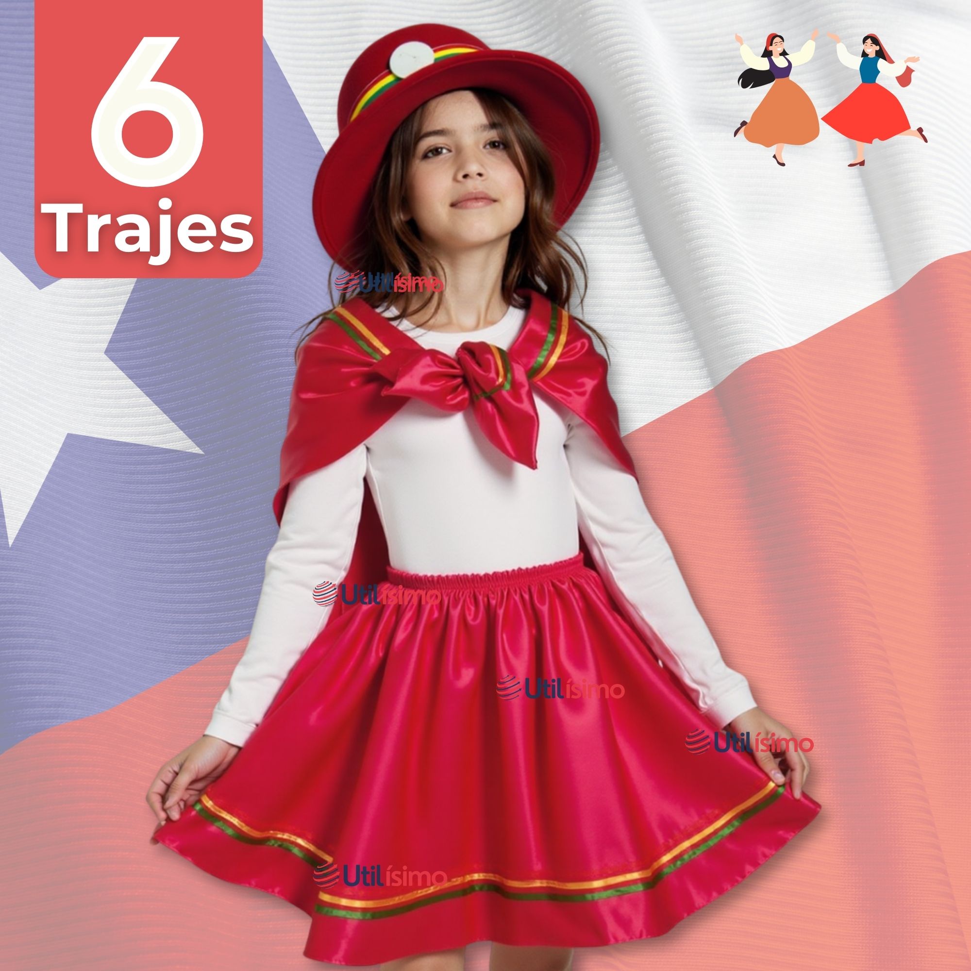 PACK 6 TRAJE NORTINO NIÑA 3 PIEZAS + POLERA BLANCA FIESTAS PATRIAS BAILE NORTINO - 1