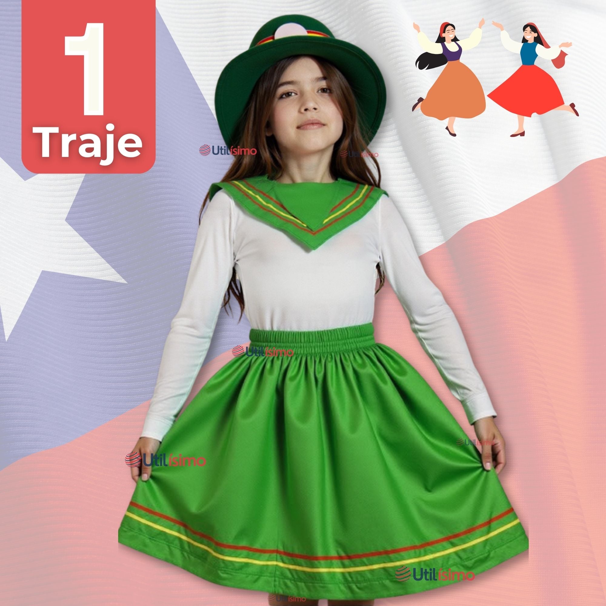 TRAJE NORTINO NIÑA 3 PIEZAS + POLERA BLANCA FIESTAS PATRIAS BAILE NORTINO - 1