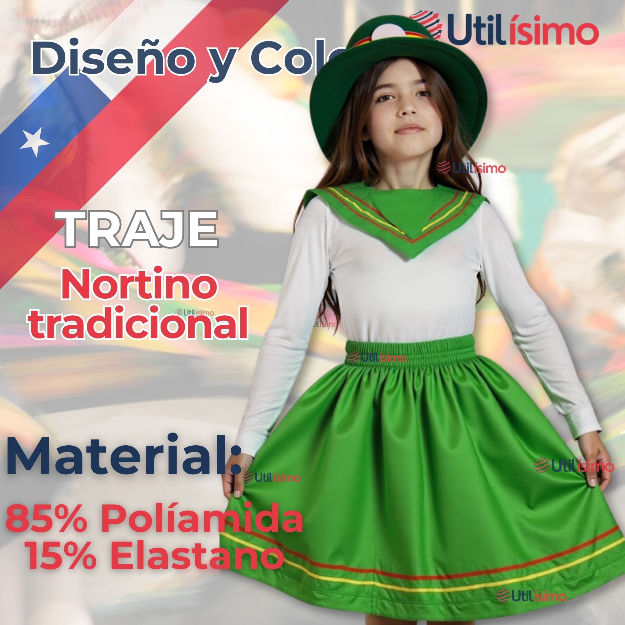 TRAJE NORTINO NIÑA 3 PIEZAS + POLERA BLANCA FIESTAS PATRIAS BAILE NORTINO - 4