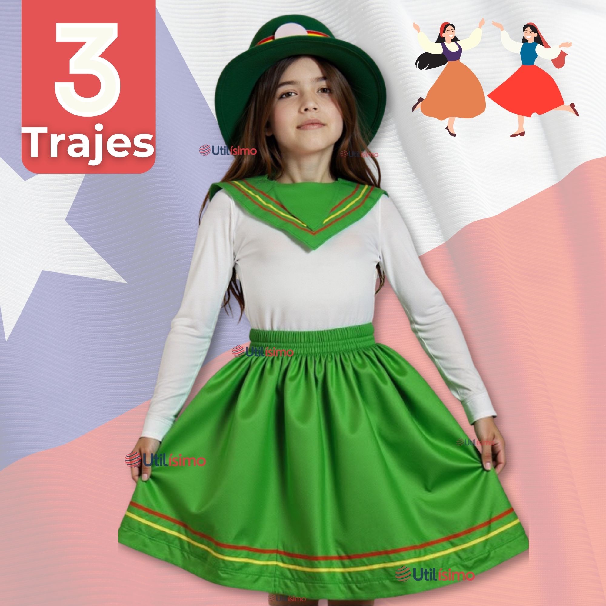 PACK 3 TRAJE NORTINO NIÑA 3 PIEZAS + POLERA BLANCA FIESTAS PATRIAS BAILE NORTINO - 1