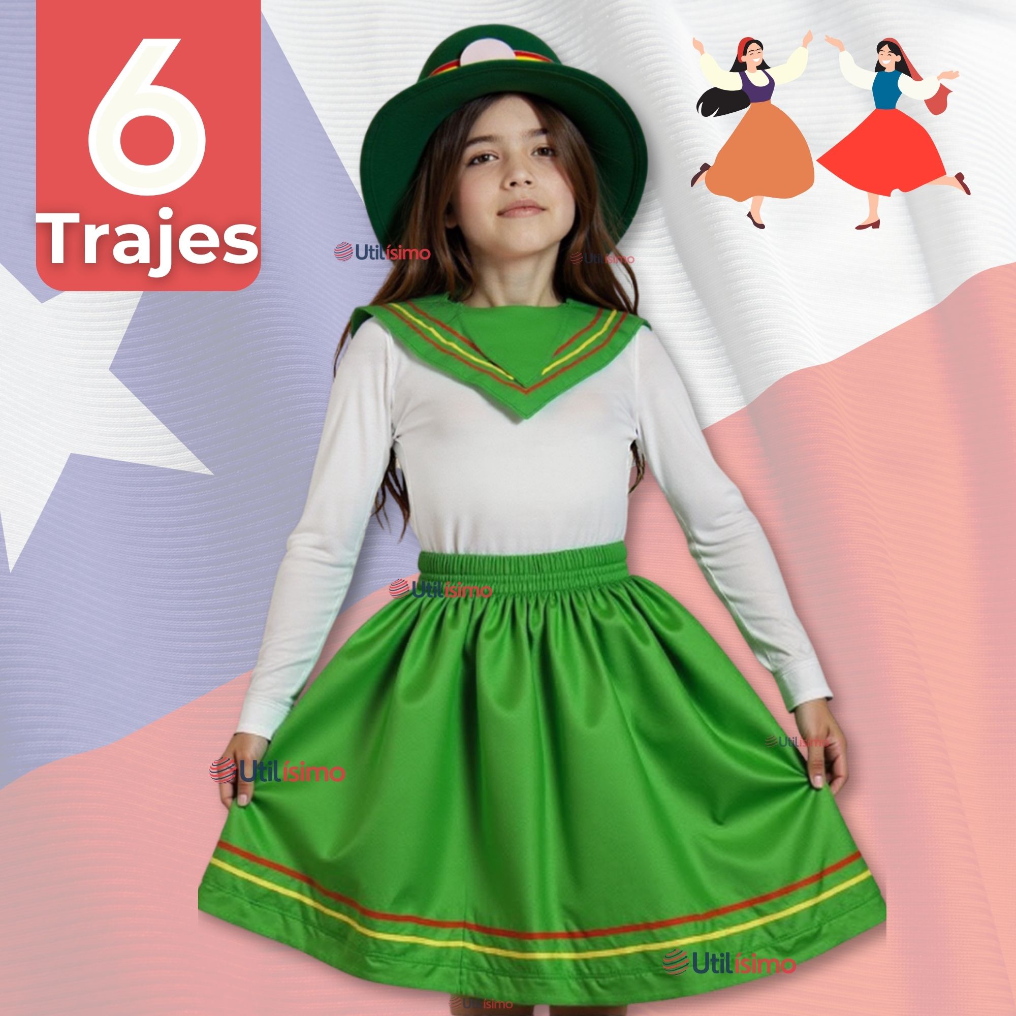 PACK 6 TRAJE NORTINO NIÑA 3 PIEZAS + POLERA BLANCA FIESTAS PATRIAS BAILE NORTINO - 1
