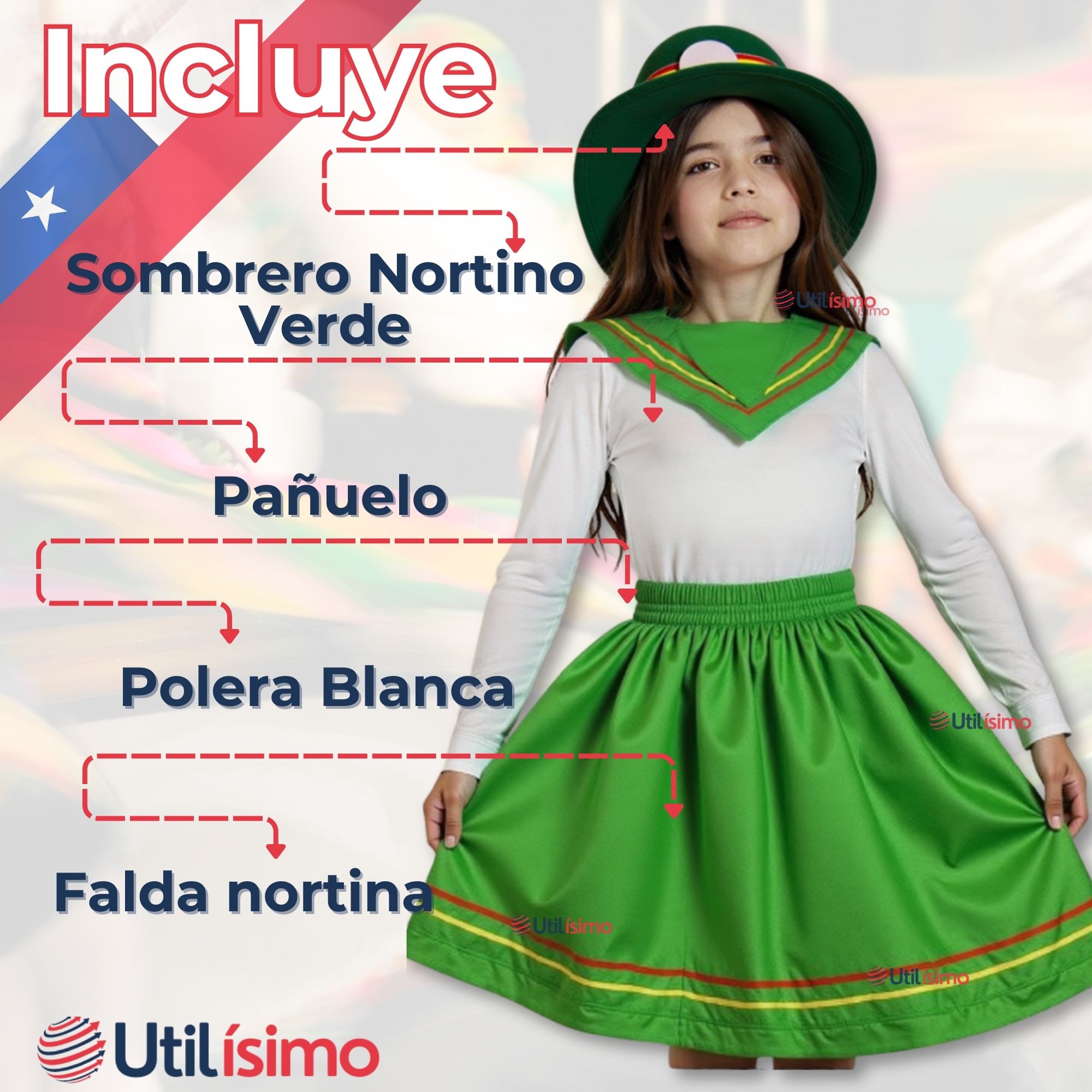 PACK 6 TRAJE NORTINO NIÑA 3 PIEZAS + POLERA BLANCA FIESTAS PATRIAS BAILE NORTINO - 3