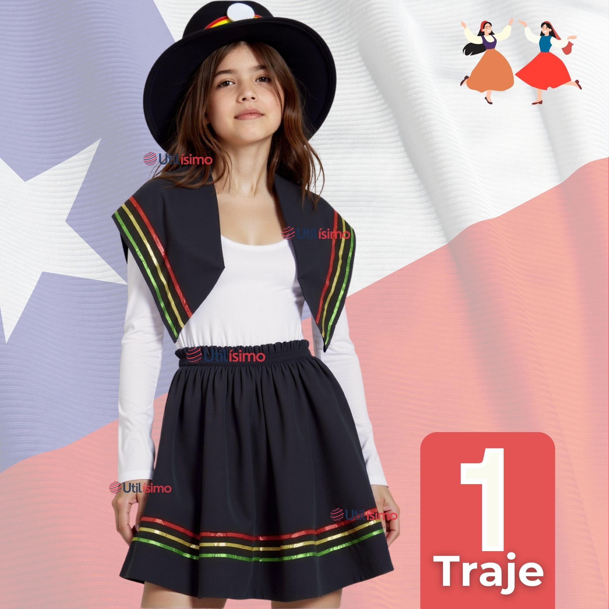 TRAJE NORTINO NIÑA 3 PIEZAS + POLERA BLANCA FIESTAS PATRIAS BAILE NORTINO - 1