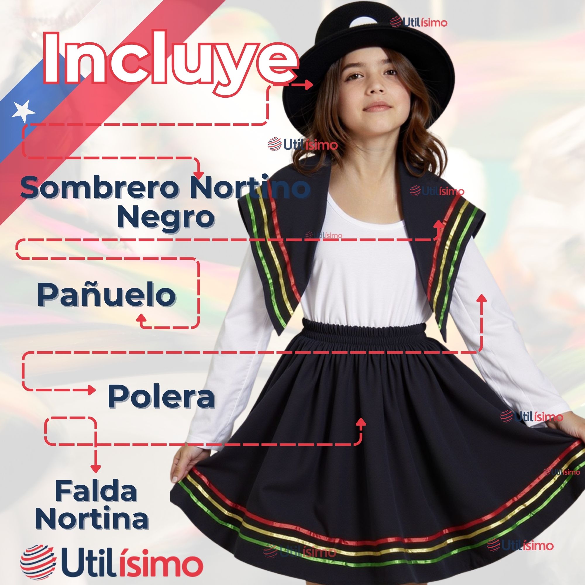 TRAJE NORTINO NIÑA 3 PIEZAS + POLERA BLANCA FIESTAS PATRIAS BAILE NORTINO - 2