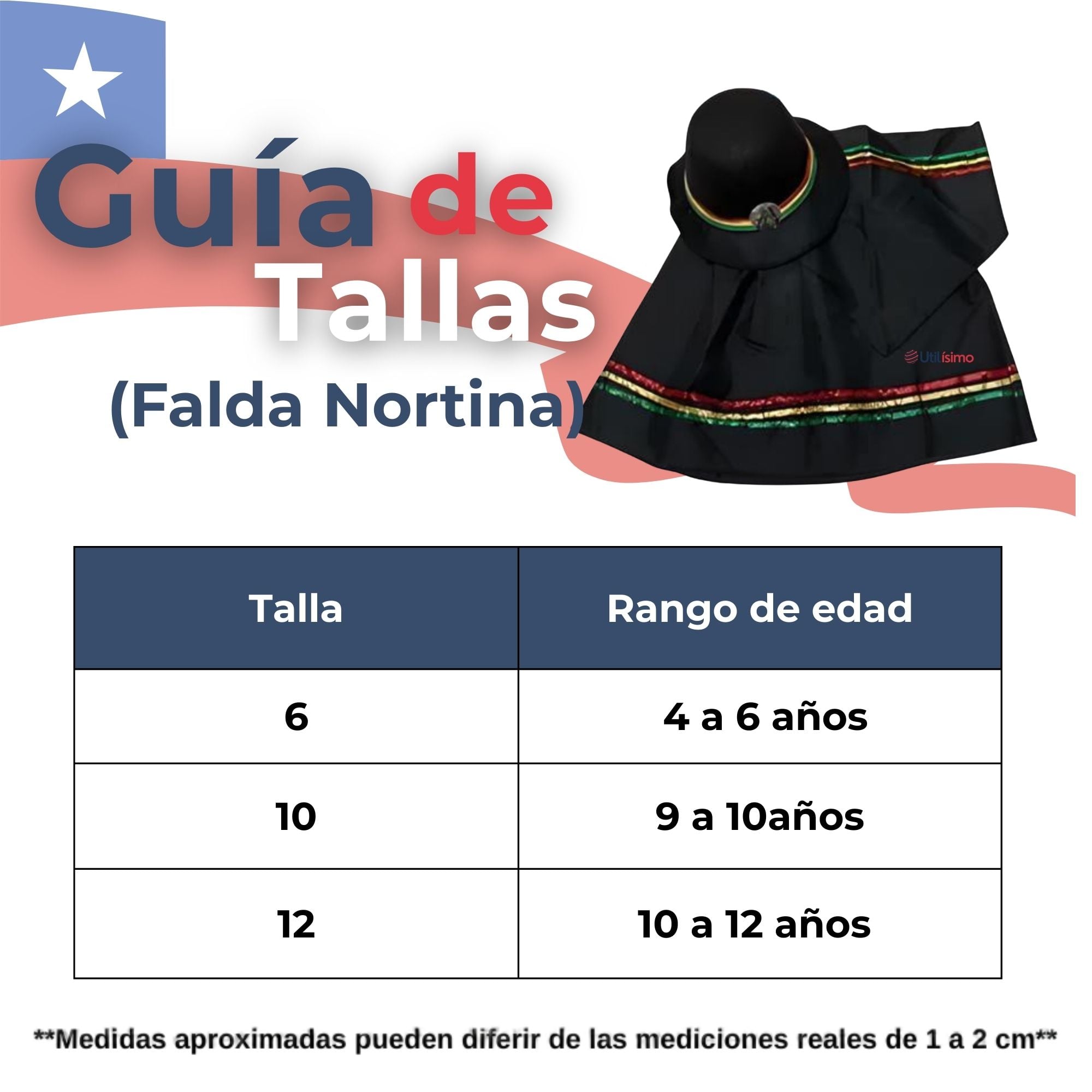 TRAJE NORTINO NIÑA 3 PIEZAS + POLERA BLANCA FIESTAS PATRIAS BAILE NORTINO - 3