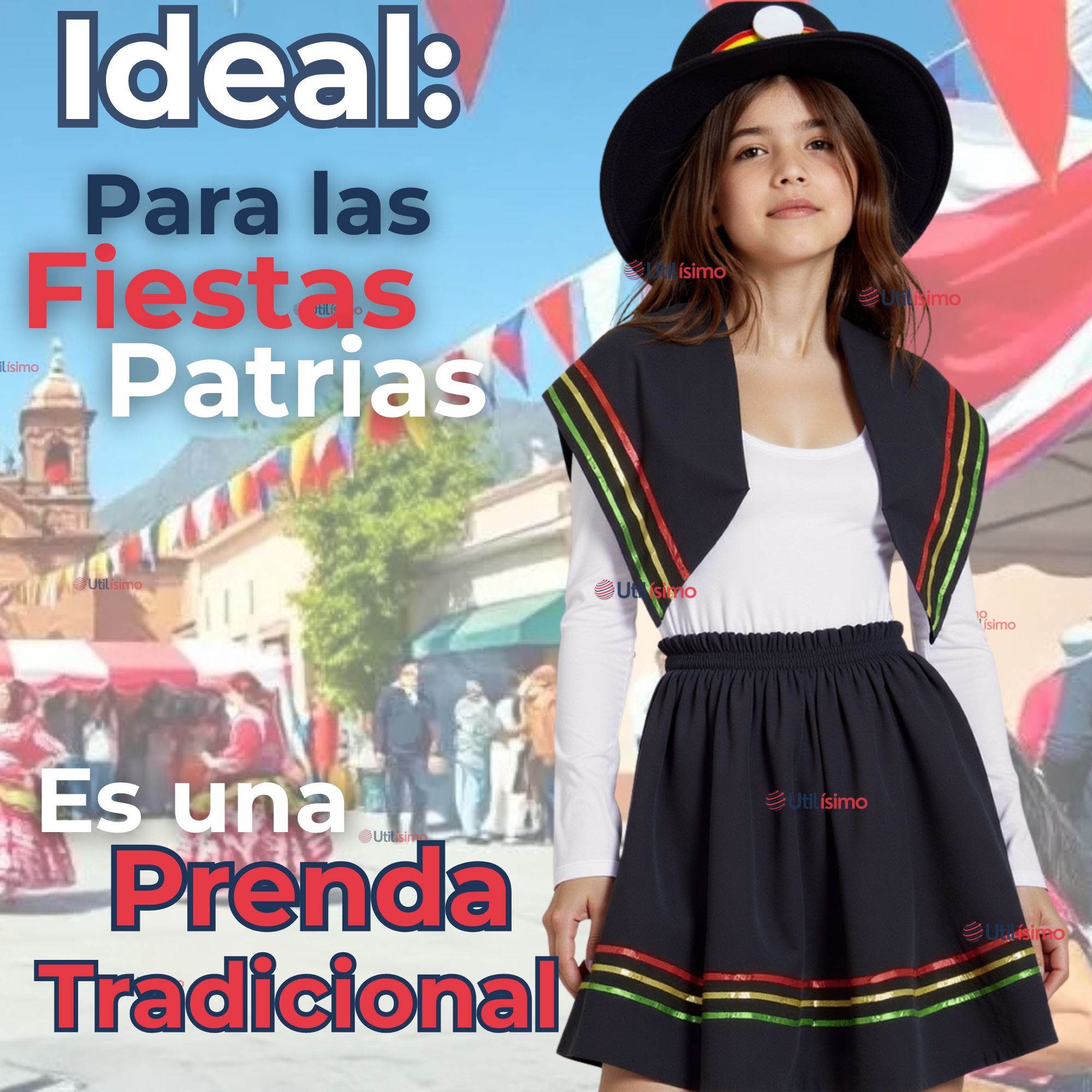 TRAJE NORTINO NIÑA 3 PIEZAS + POLERA BLANCA FIESTAS PATRIAS BAILE NORTINO - 7