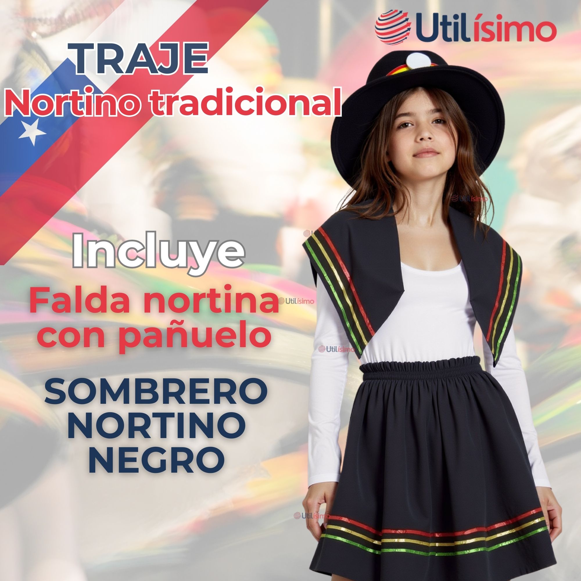 PACK 3 TRAJE NORTINO NIÑA 3 PIEZAS + POLERA BLANCA FIESTAS PATRIAS BAILE NORTINO - 7
