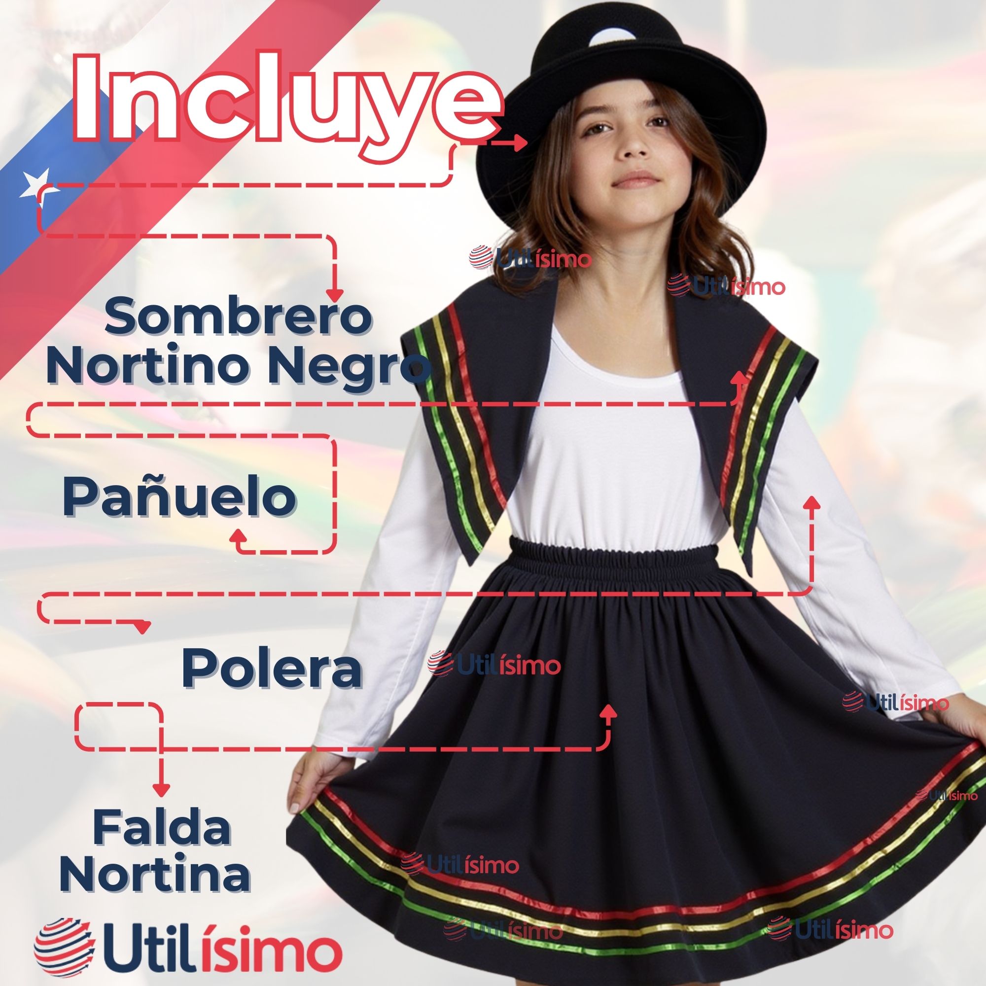 PACK 6 TRAJE NORTINO NIÑA 3 PIEZAS + POLERA BLANCA FIESTAS PATRIAS BAILE NORTINO - 4