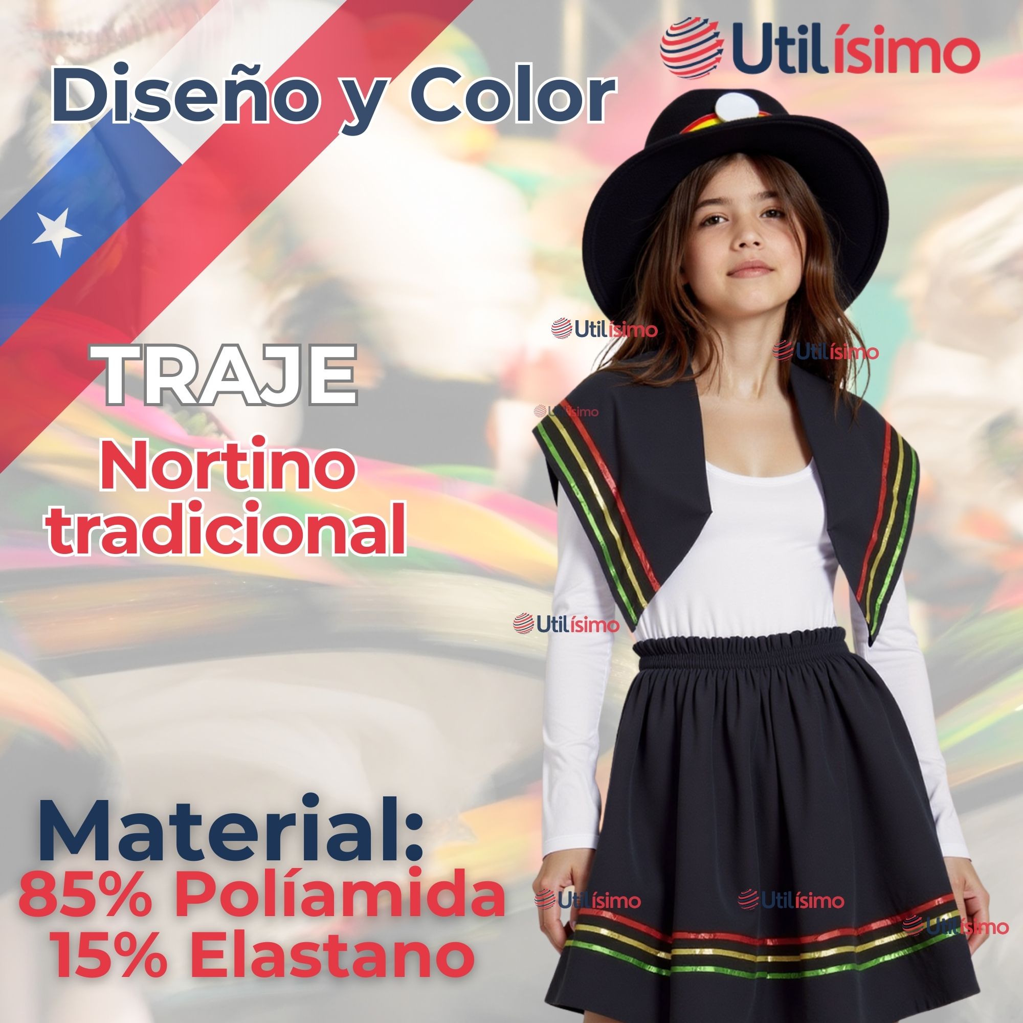 PACK 6 TRAJE NORTINO NIÑA 3 PIEZAS + POLERA BLANCA FIESTAS PATRIAS BAILE NORTINO - 5
